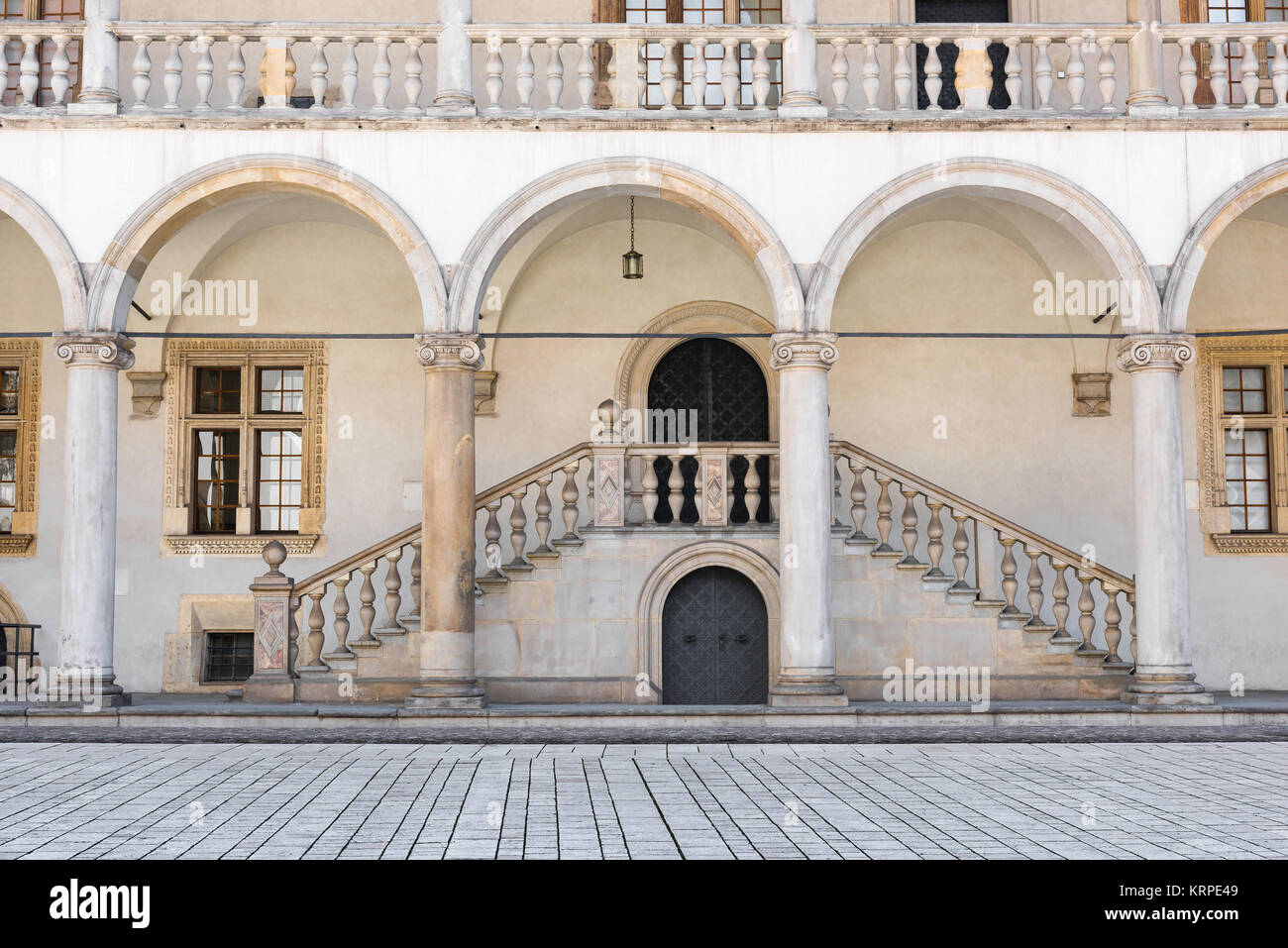 Renaissance castle, a section of the arcaded Renaissance courtyard at ...