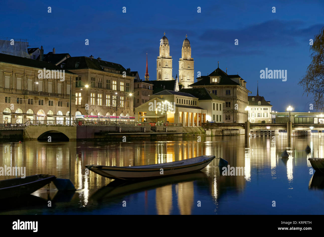 River Limmat, Grossmunster, Zurich, Switzerland Stock Photo