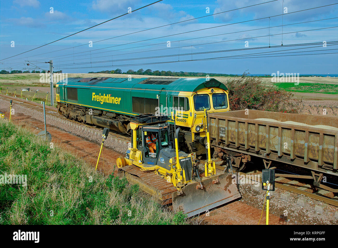 Class 66609 track renewal near Dunbar Stock Photo