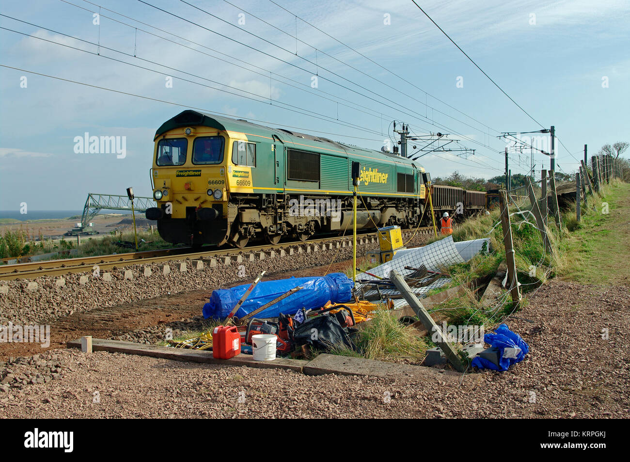 Class 66609 track renewal near Dunbar Stock Photo