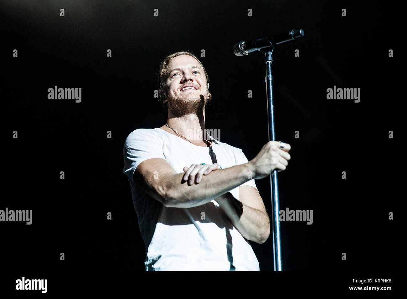 The American rock band Imagine Dragons performs a live concert at Forum in Copenhagen. Here lead singer Dan Reynolds is seen live on stage. Denmark, 19/10 2015. Stock Photo