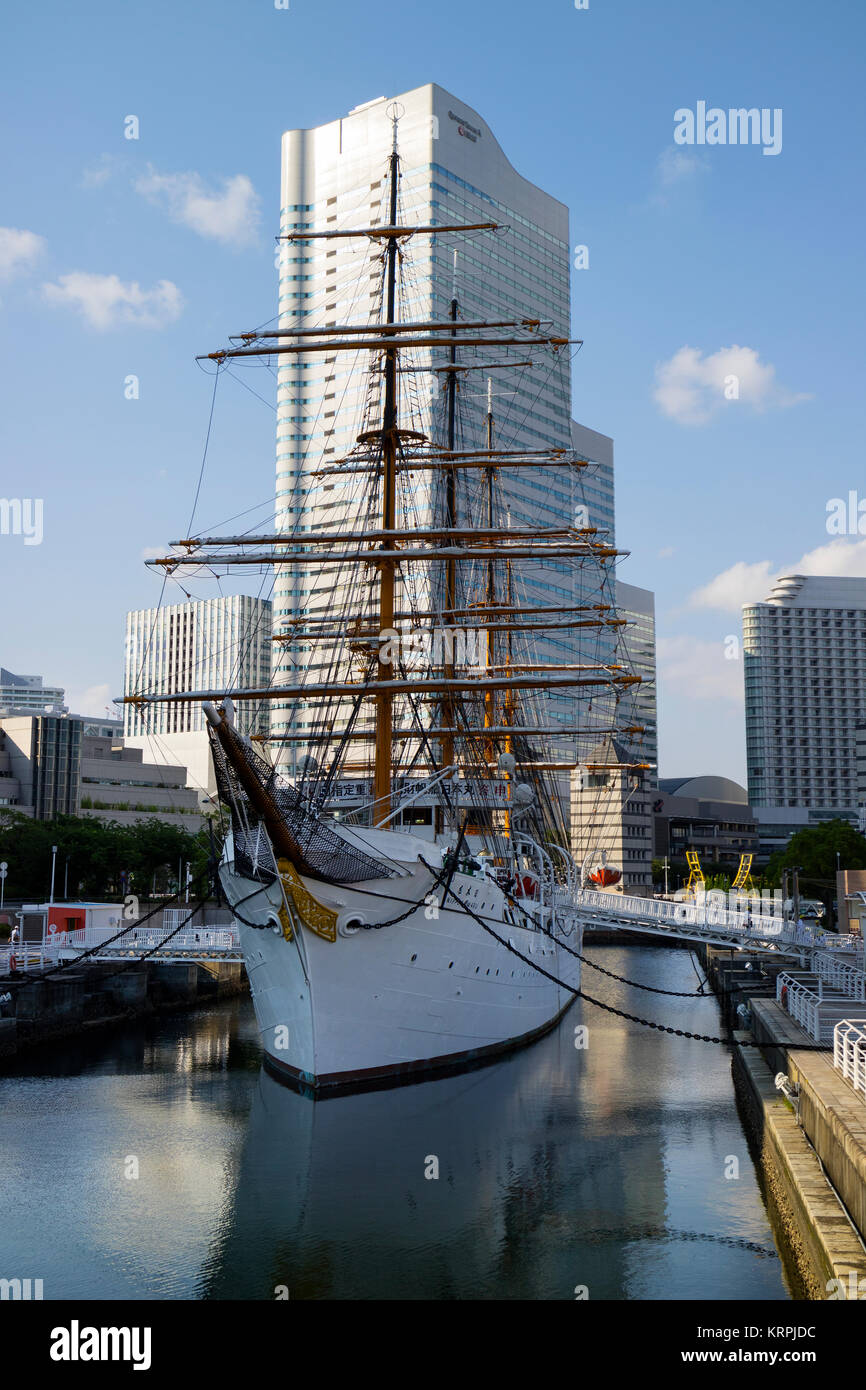 Yokohama - Japan, June 15, 2017: The Nippon Maru Sail Training Ship and Port Museum in Yokohama Stock Photo