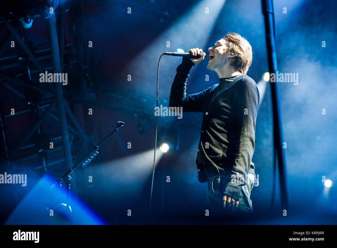 The Danish rock band Mew performs a live concert at the Orange Stage at the Danish music