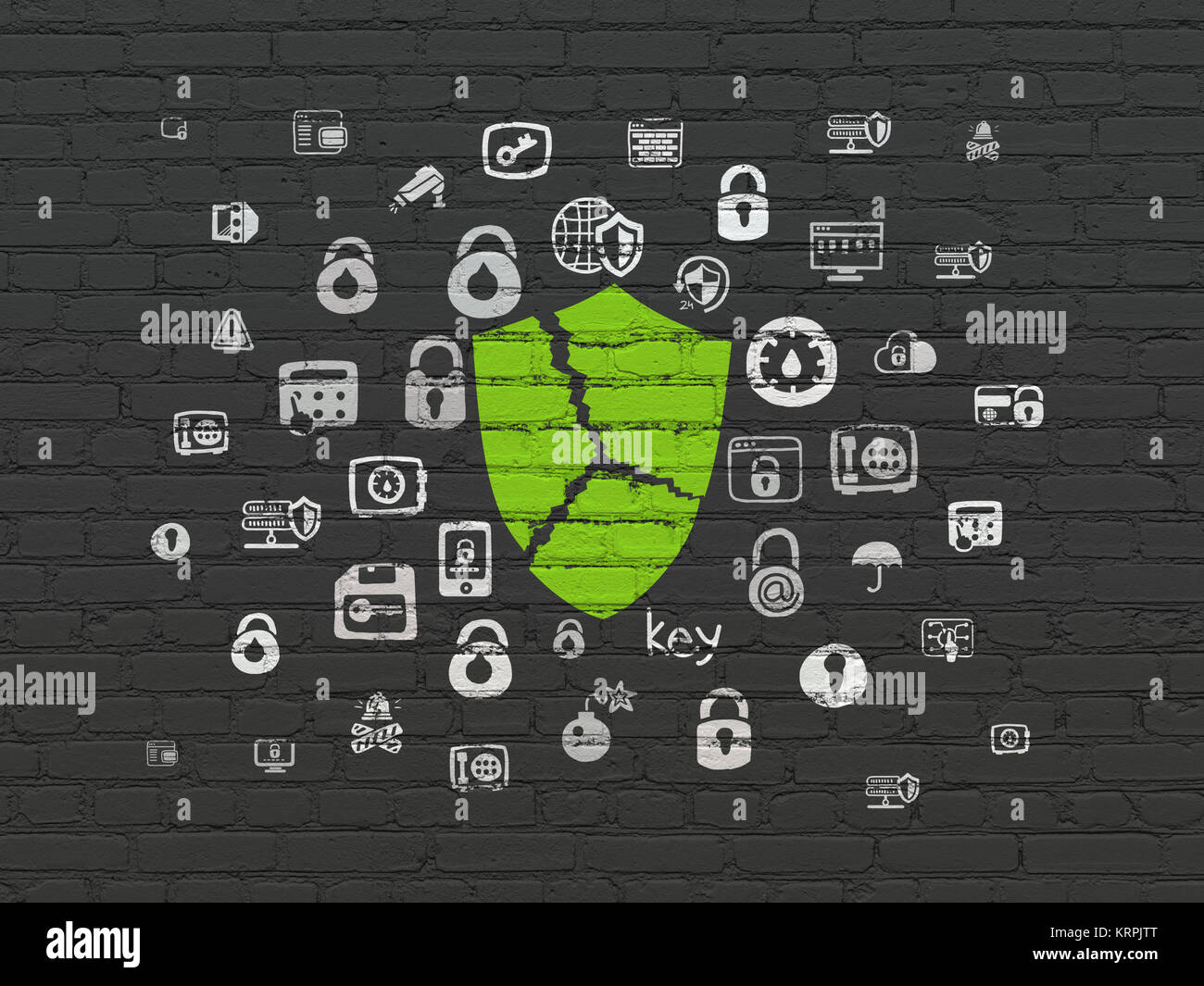 Privacy concept: Painted green Broken Shield icon on Black Brick wall background with  Hand Drawn Security Icons Stock Photo