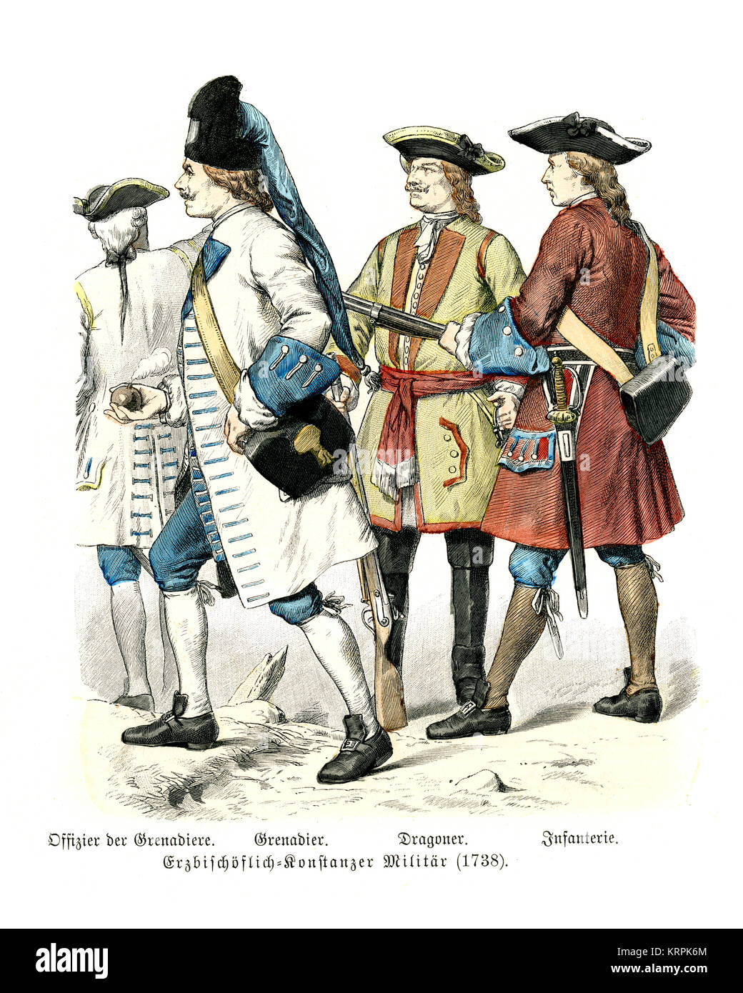 Vintage engraving of Miltary Uniforms 18th Century Bishopric of Constance, Officer, Grenadier, Dragoon, Infantry Stock Photo