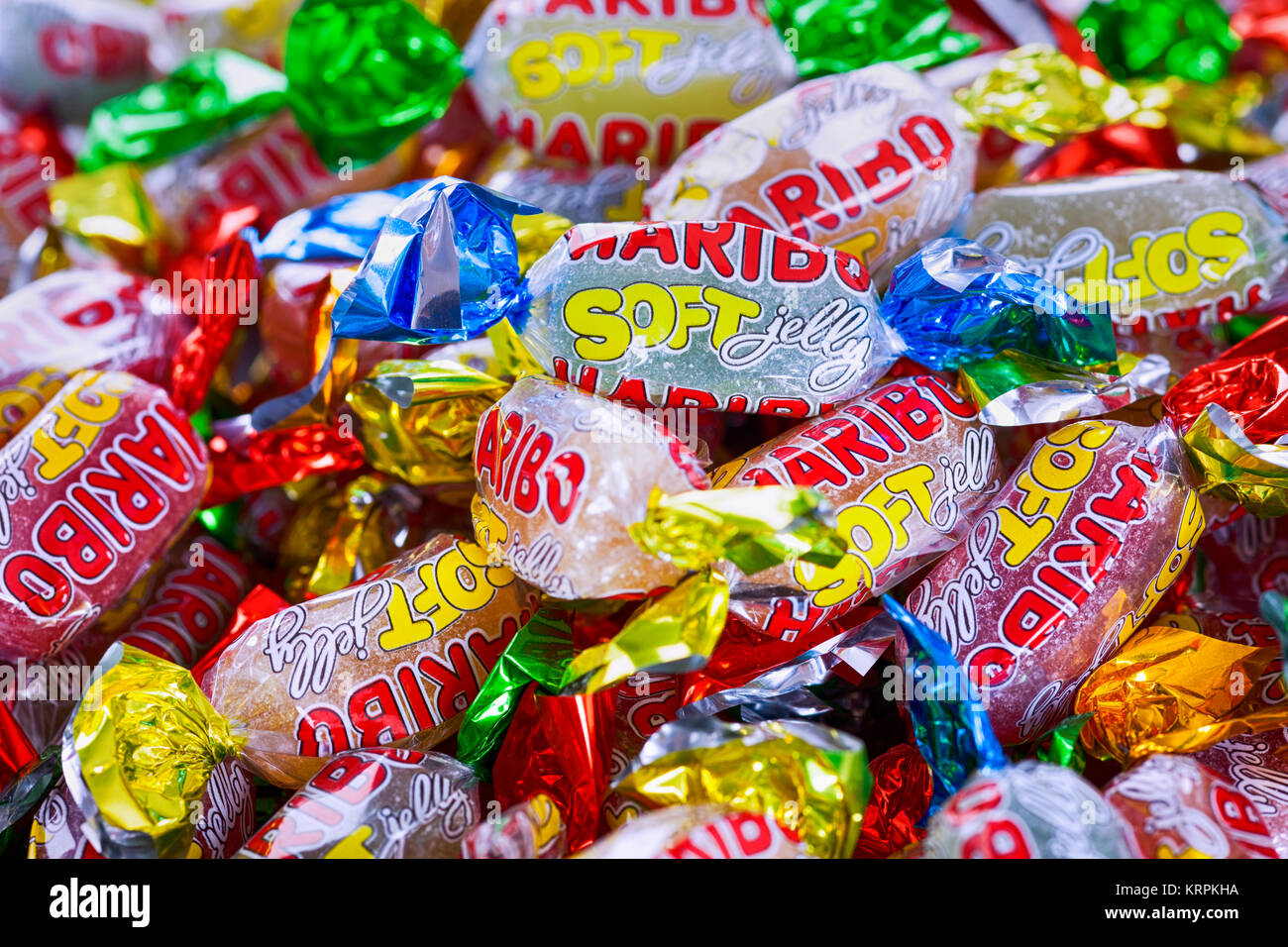 Tambov, Russian Federation - April 20, 2013 Haribo soft jelly candies. Full frame. Studio shot. Stock Photo