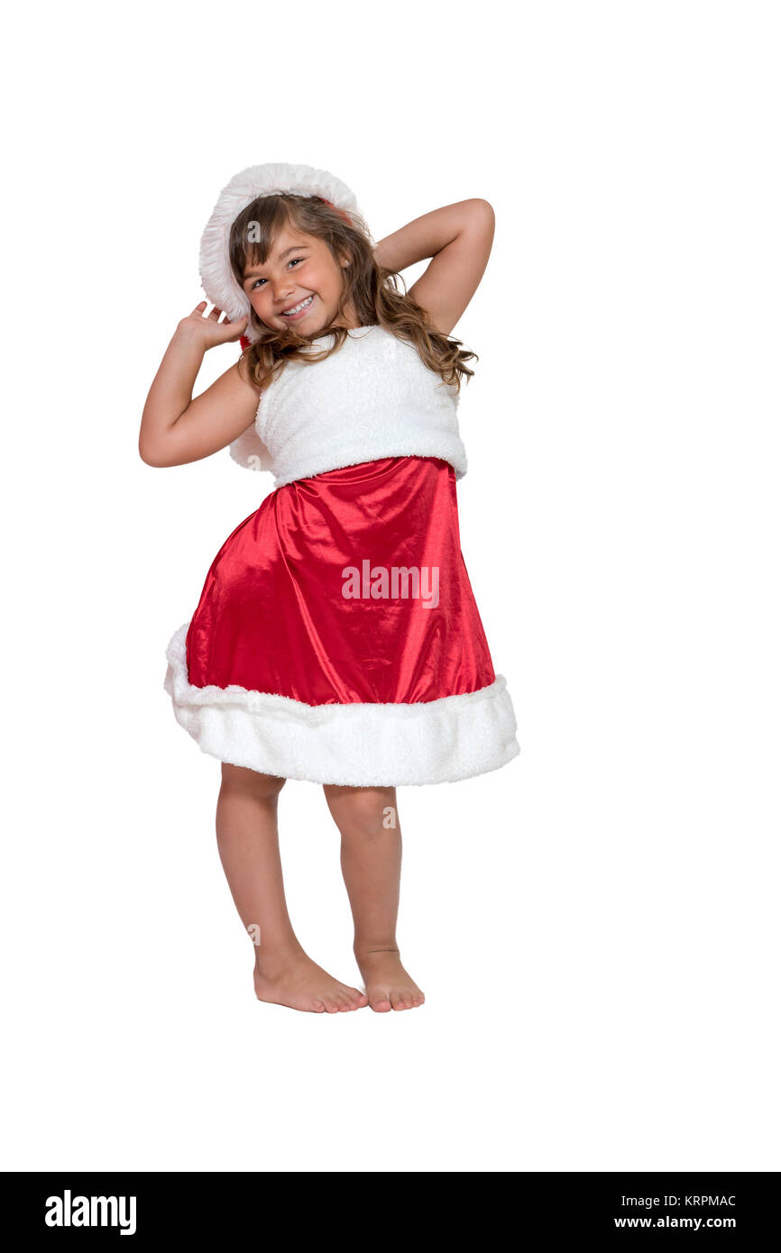 Smiling cute little girl in Santa Claus costume isolated Stock Photo