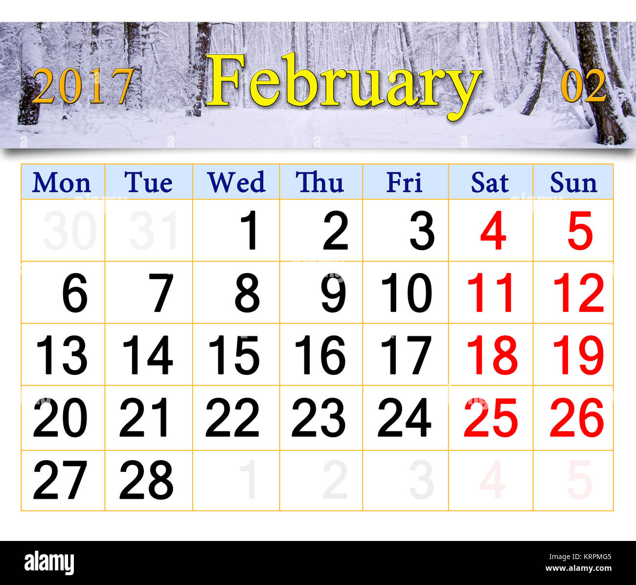 calendar for the February of 2017 with winter landscape Stock Photo