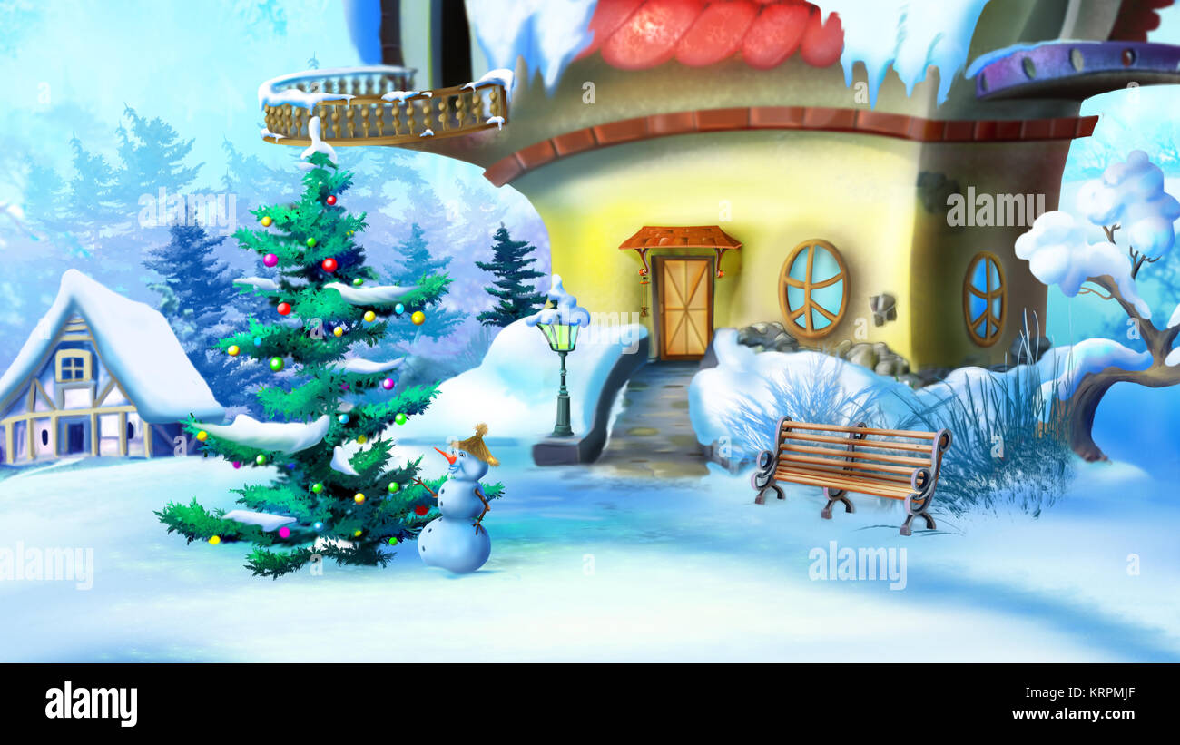 Christmas Tree And Snowman Near A Fairy Tale House Stock Photo Alamy Christmas Tree And Snowman Near A Fairy Tale House Stock Photo Alamy