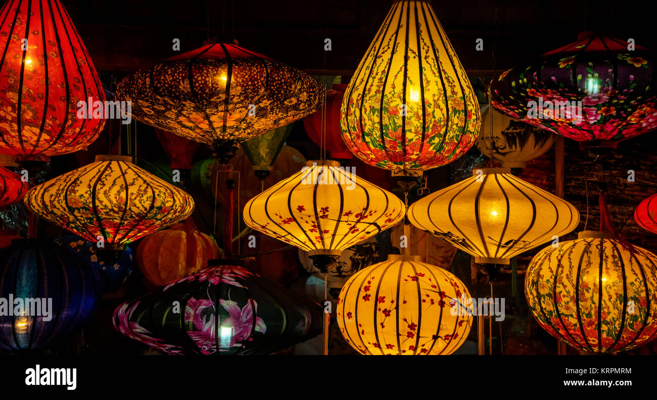 Colorful lanterns spread light on the old street of Hoi An Ancient Town - UNESCO World Heritage Site. Vietnam. Stock Photo
