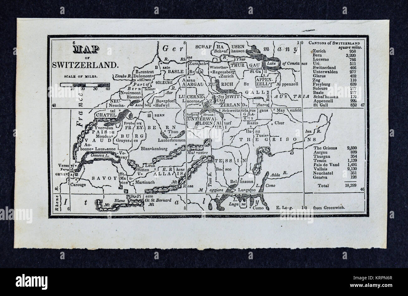 1830 Nathan Hale Map - Switzerland - Lucerne Zurich Geneva Stock Photo