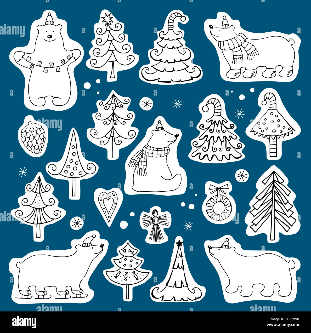 set of icons of polar bears and Christmas trees Stock Photo