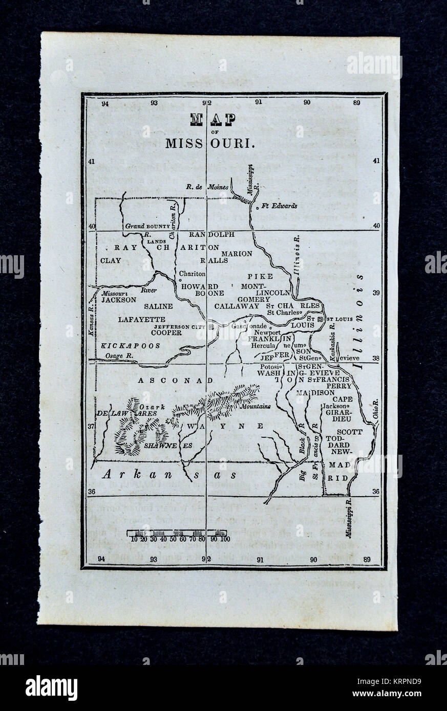 1830 Nathan Hale Map - Missouri - St. Louis Kansas City Springfield United States Stock Photo