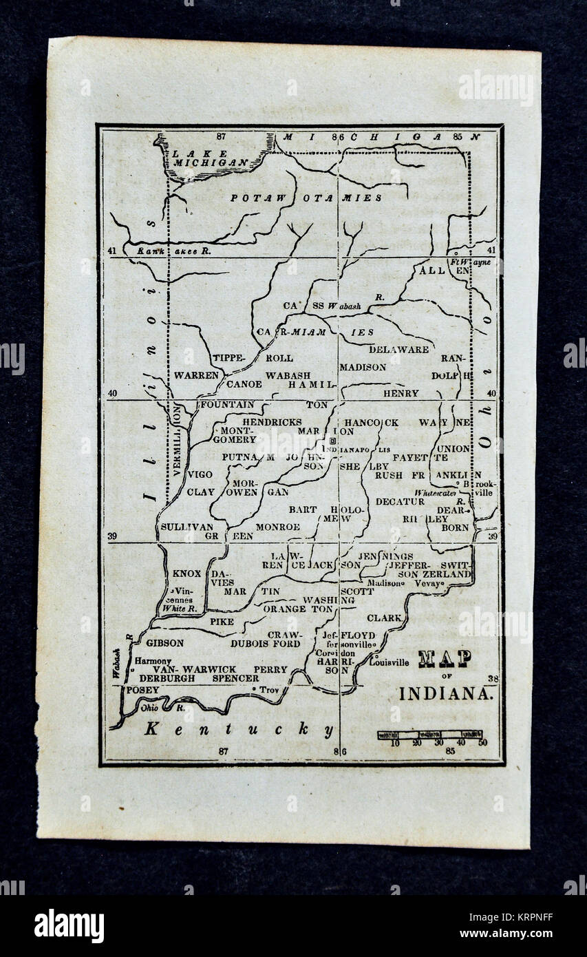 1830 Nathan Hale Map - Indiana - Indianapolis Fort Wayne South Bend - United States Stock Photo