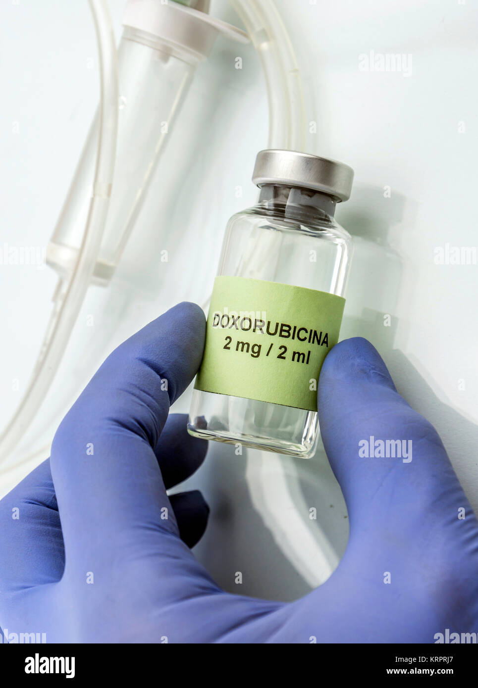 Doctor subject vial with doxorubicin, medication used for disease of leukemia linfatica acute, image conceptual Stock Photo