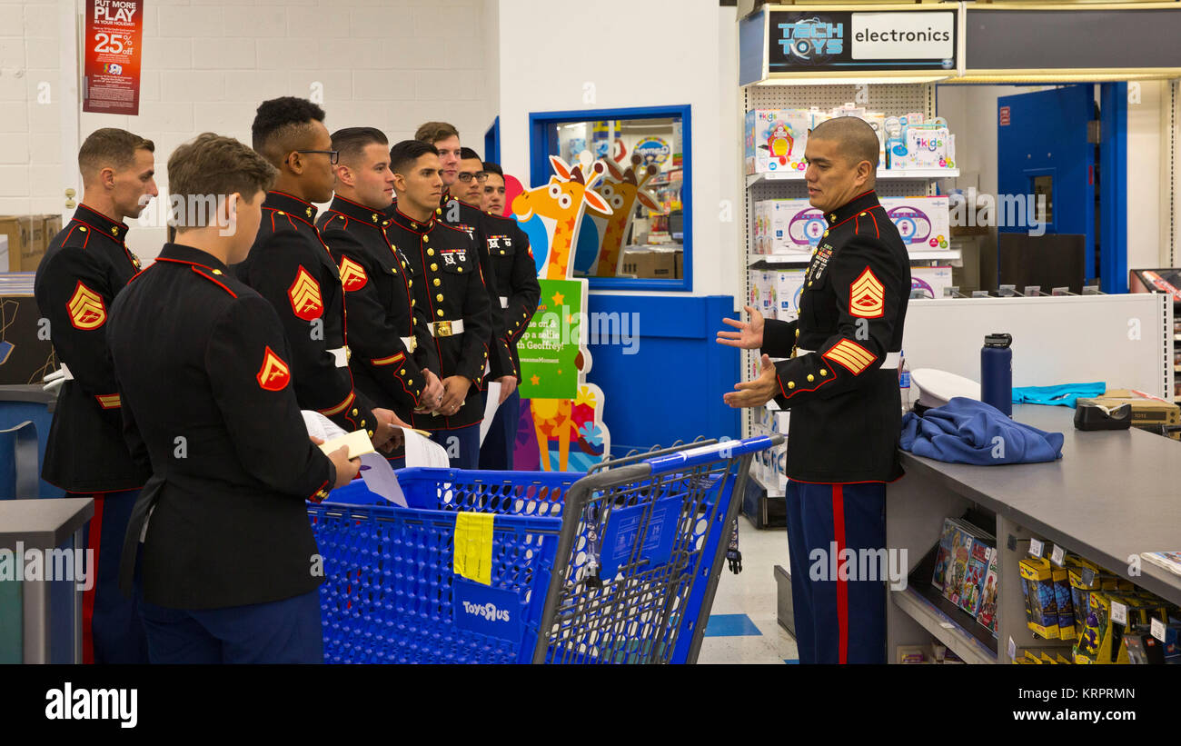 U.S. Marine Corps soldiers buy Toys for Tots during a Cops for Kids charity event at the Marine Corps Base Camp Pendleton December 15, 2017 in Oceanside, California. Stock Photo