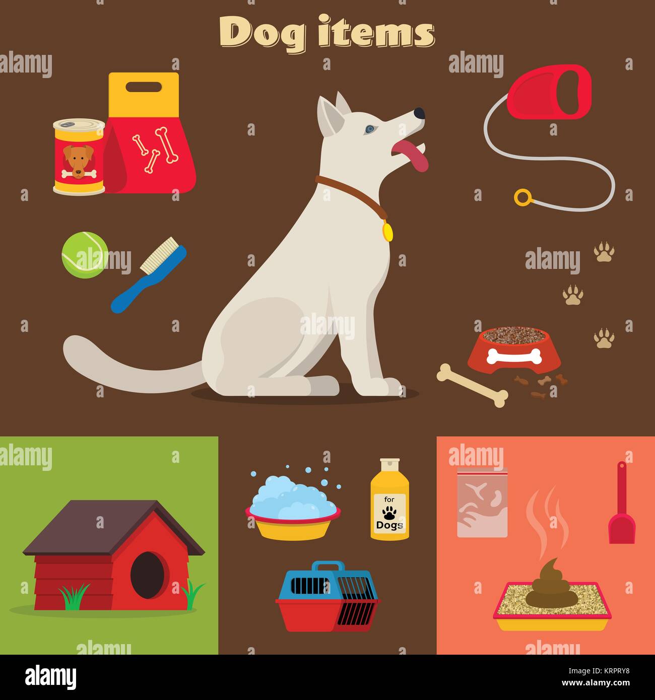 Dog care object set, items and stuff, vector cartoon illustration, food stuff bone kennel collar clothing medicines Stock Vector
