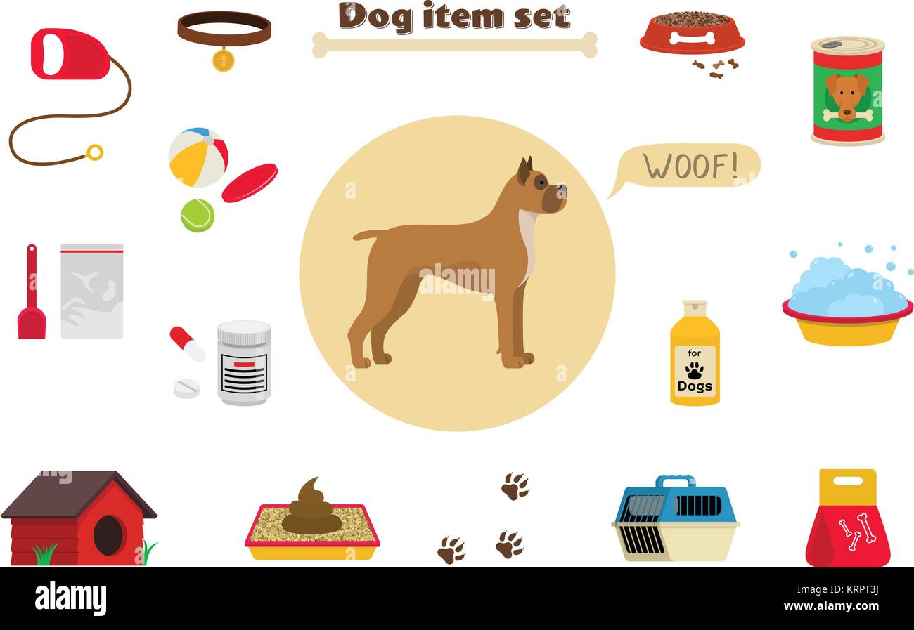 Dog items set care object and stuff. Elements around the dog. Vector cartoon illustration with food, care stuff, kennel, collar, transportation and do Stock Vector