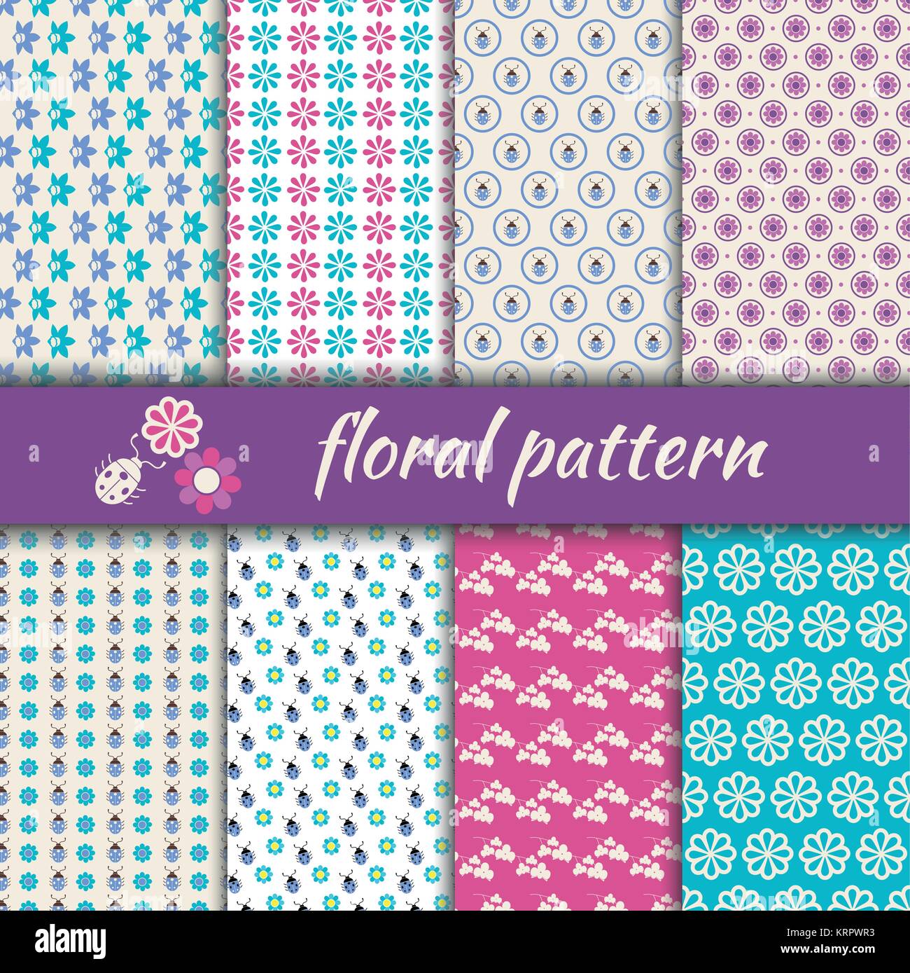 Set seamless pattern with flowers and bugs. set of 8 floral patterns ...