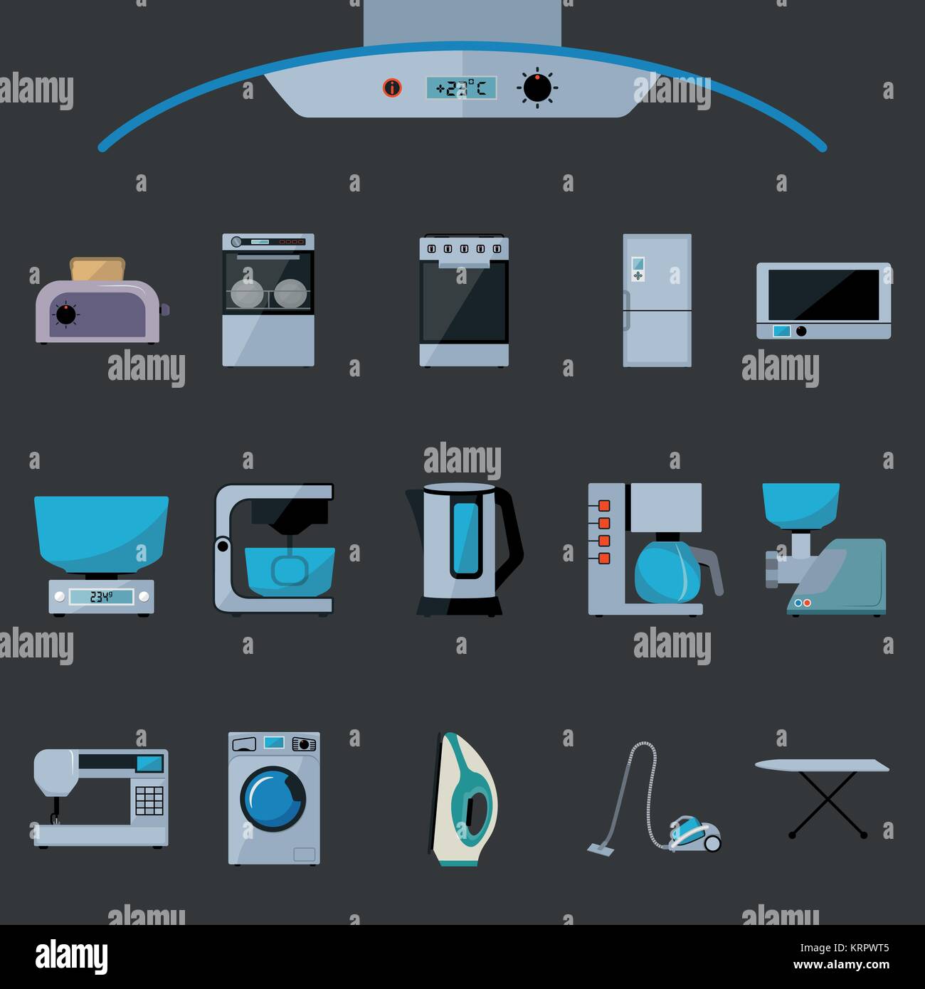 Set of household appliances flat icons on black background Stock Vector ...