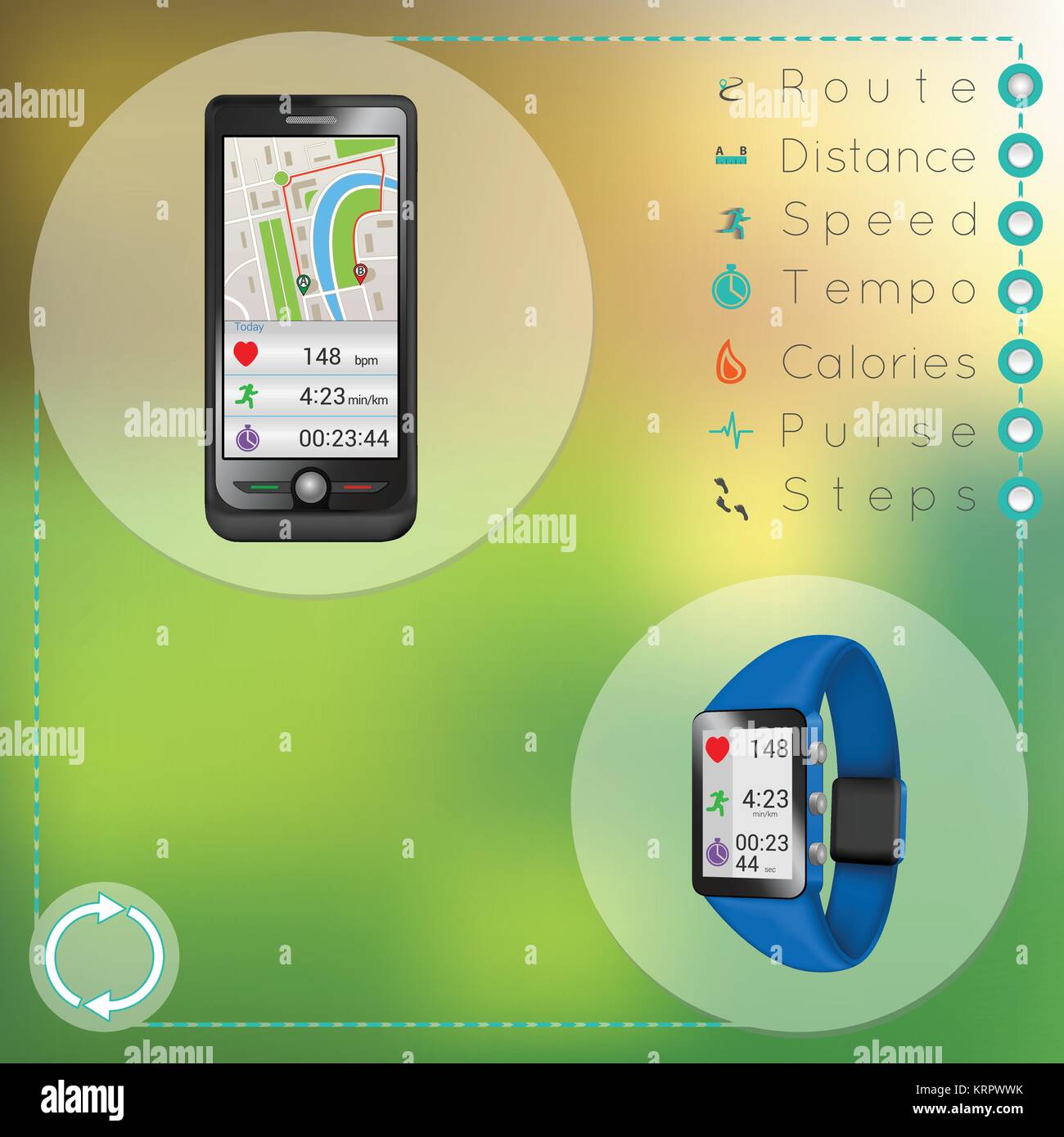 smartphone and smart fitness watch during synchronization Stock Vector