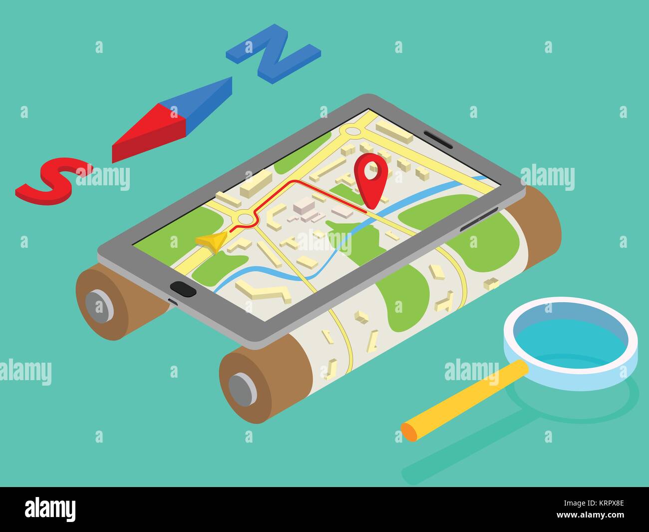 Flat 3d isometric mobile GPS navigation maps infographic concept vector. Tablet with digital satellite map, magnifier and north-south Stock Vector
