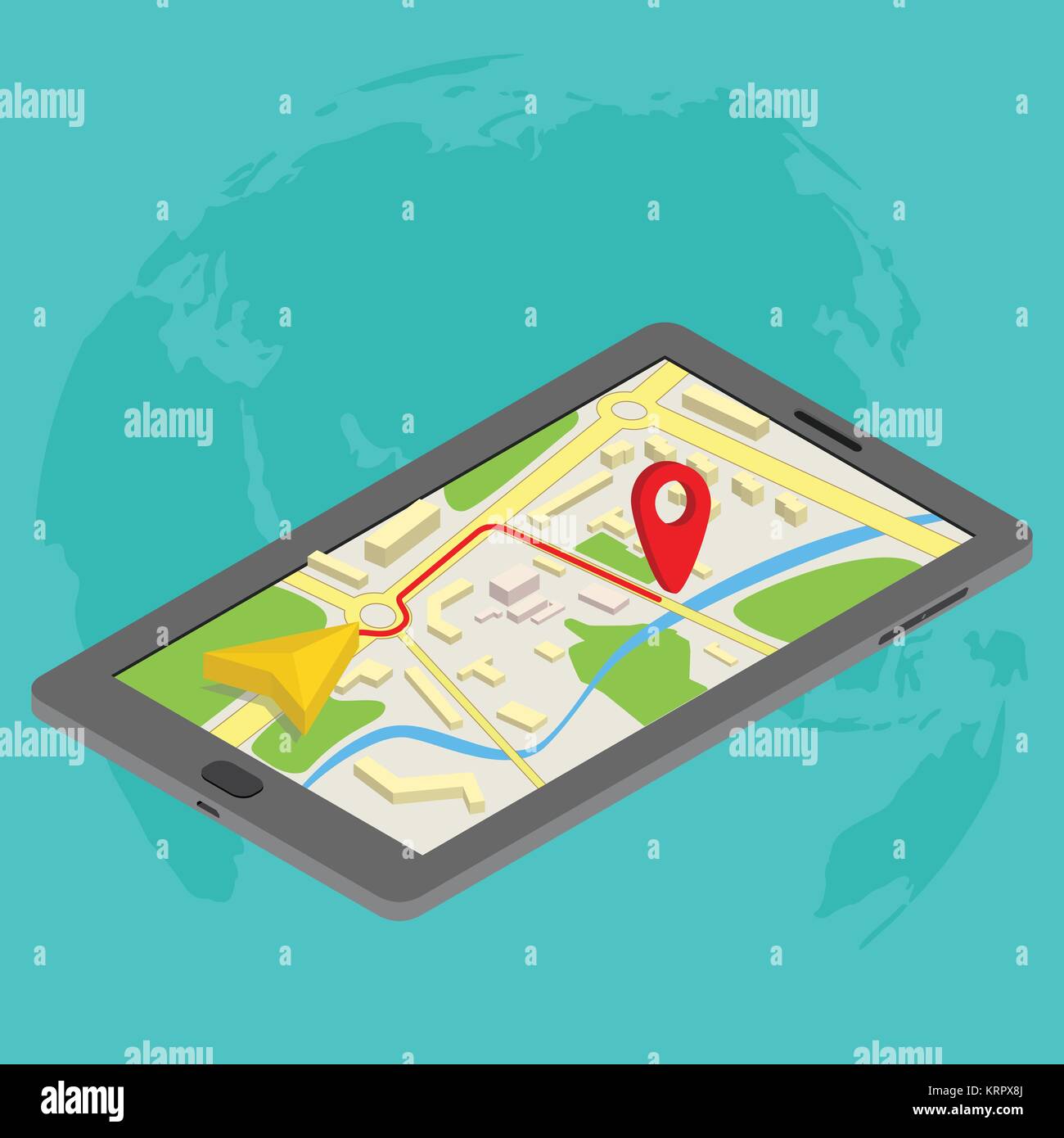 Flat 3d isometric mobile GPS navigation maps infographic concept vector. Tablet with digital satellite map Stock Vector