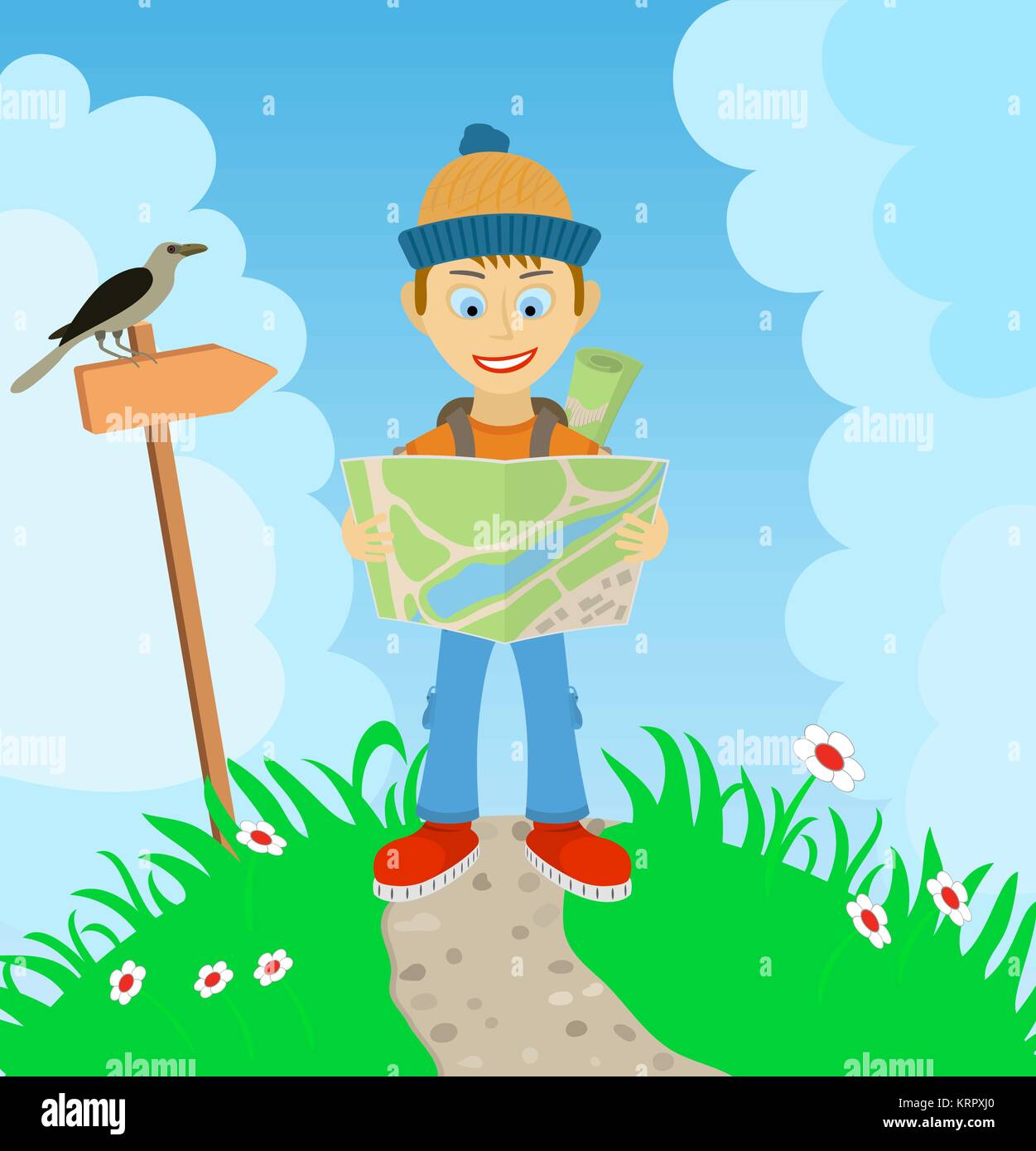 Young boy tourist with a backpack, check the route on the map - No transparency. No gradients. Stock Vector