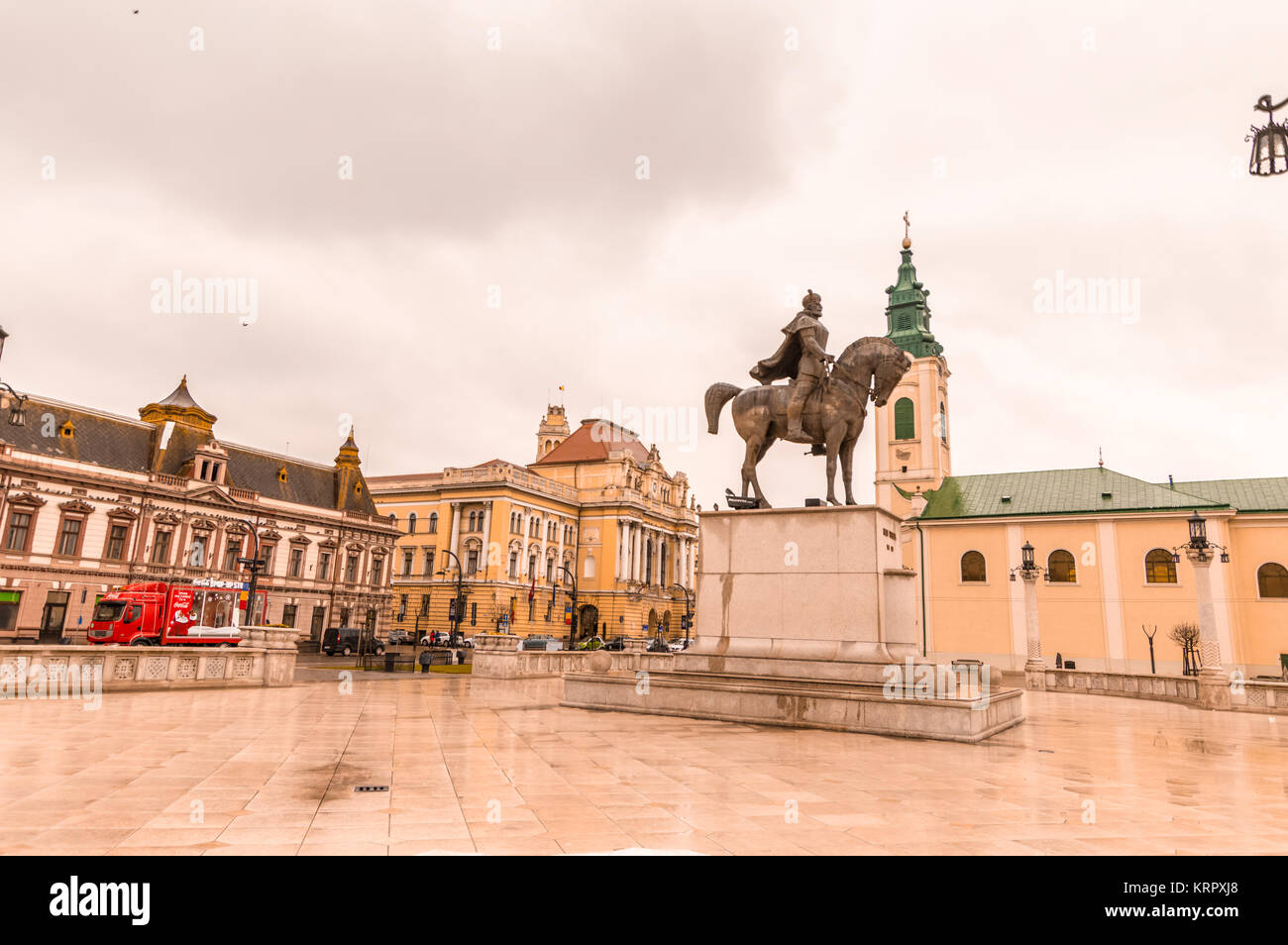 Mihai Viteazul statue. Oradea City Hall in a cloudy day. Autumn. Romania Stock Photo