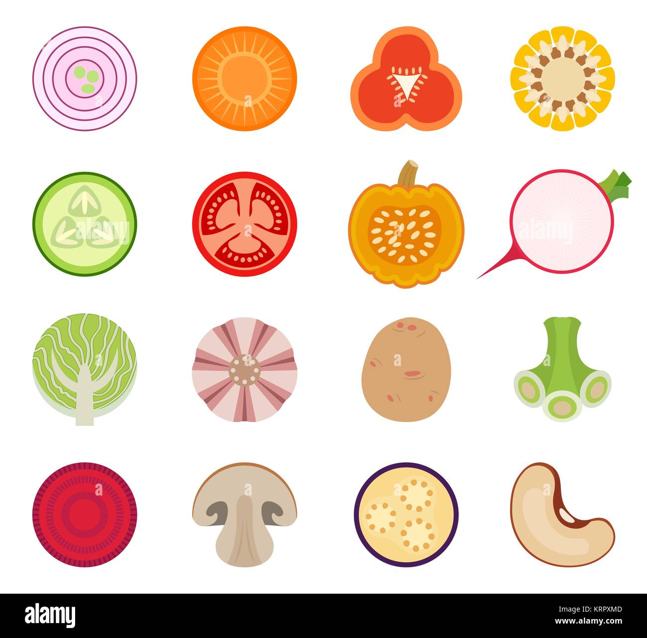 Vector vegetables set of icons rounded style - onion carrot pepper corn cucumber tomato pumpkin radish cabbage garlic potato greens beet mushroom eggplant and bean Stock Vector