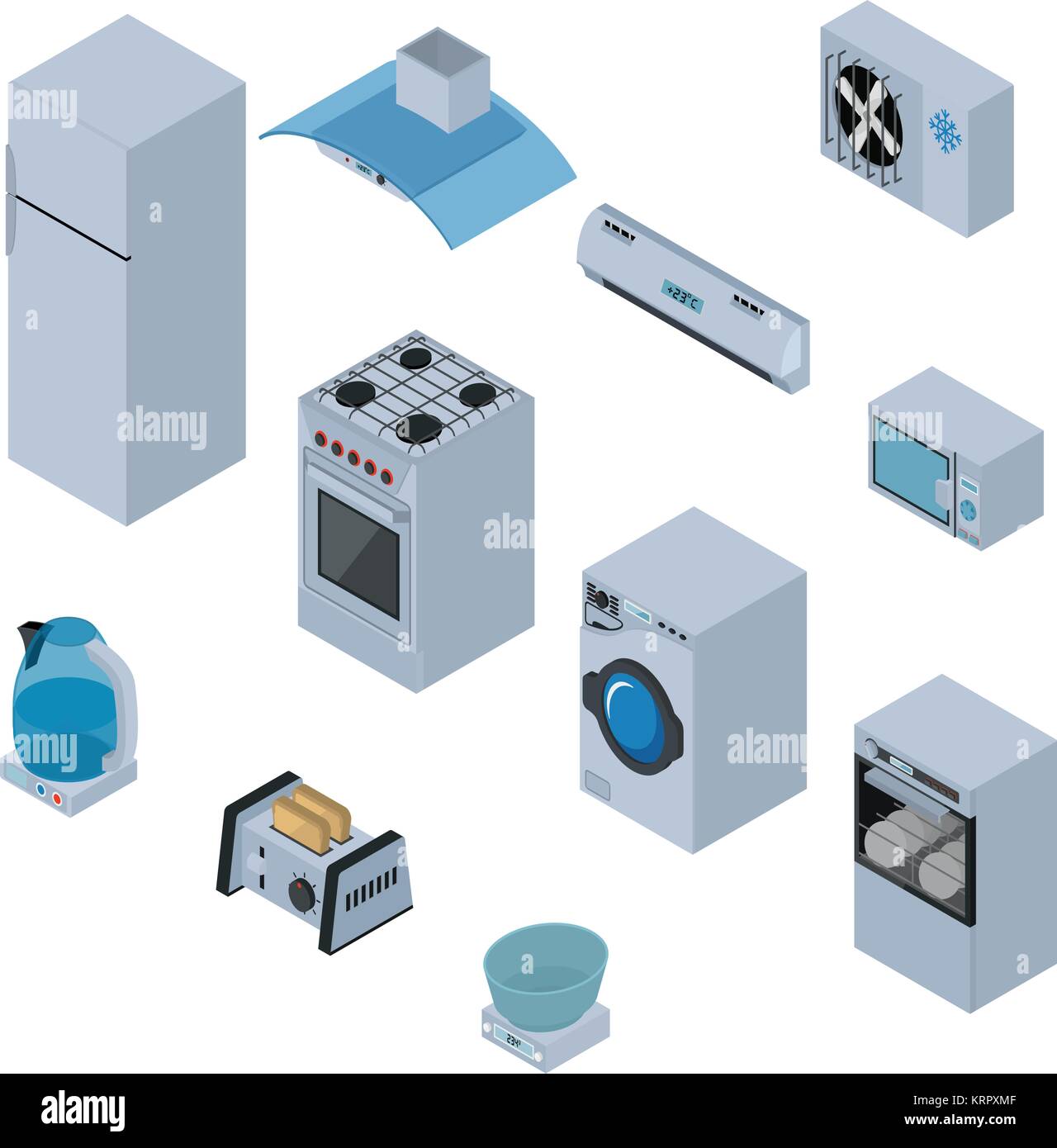 Household appliances isometric icons set with refrigerator, stove, washing machine, dishwasher isolated vector illustration Stock Vector