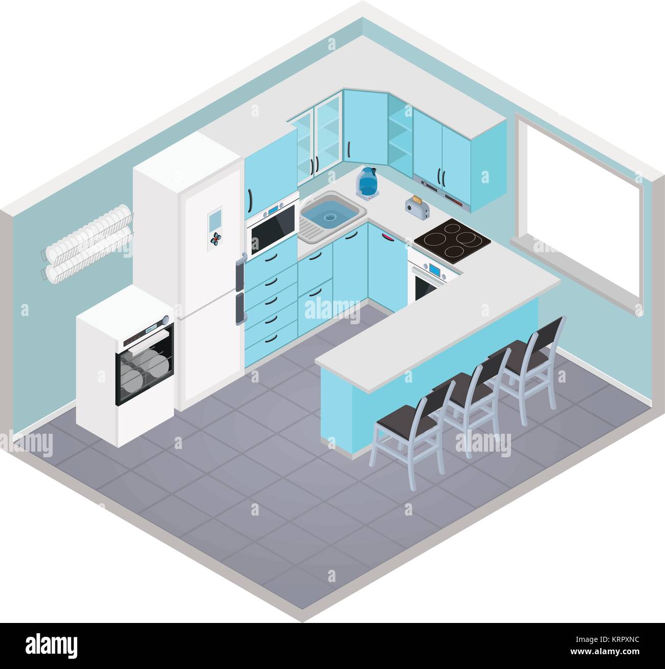 Vector isometric kitchen interior - 3D illustration Stock Vector