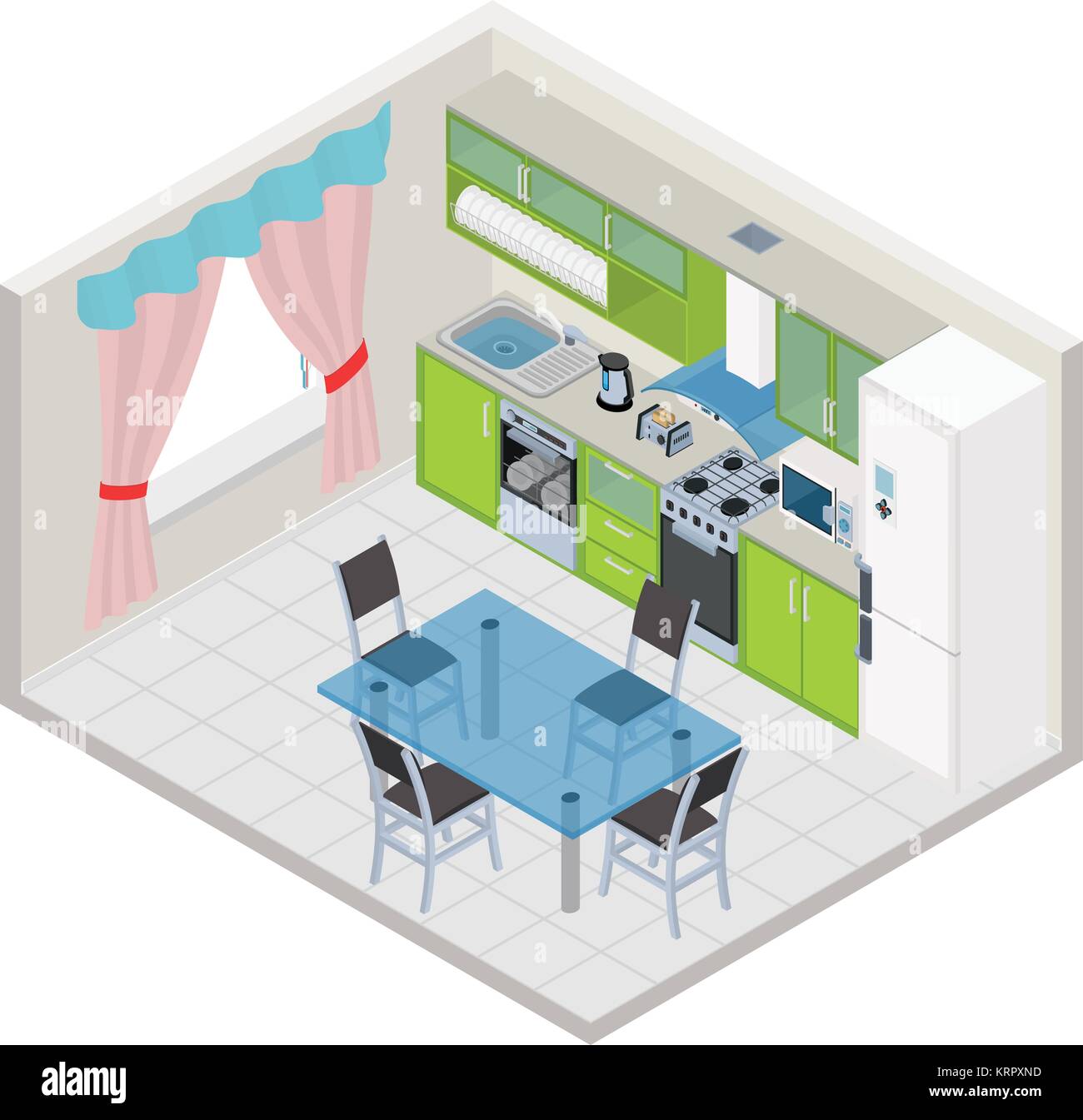 Vector isometric kitchen interior - 3D illustration Stock Vector