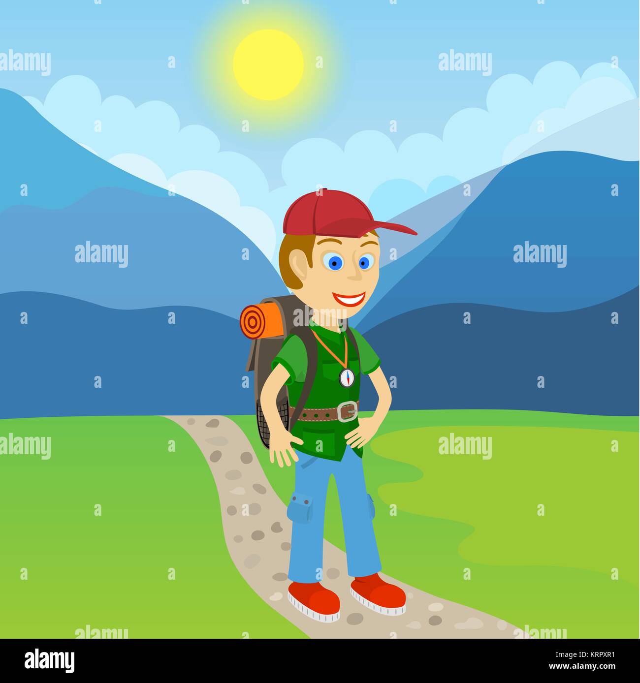 Young man tourist with a backpack standing on a path at the foot of the mountain Stock Vector