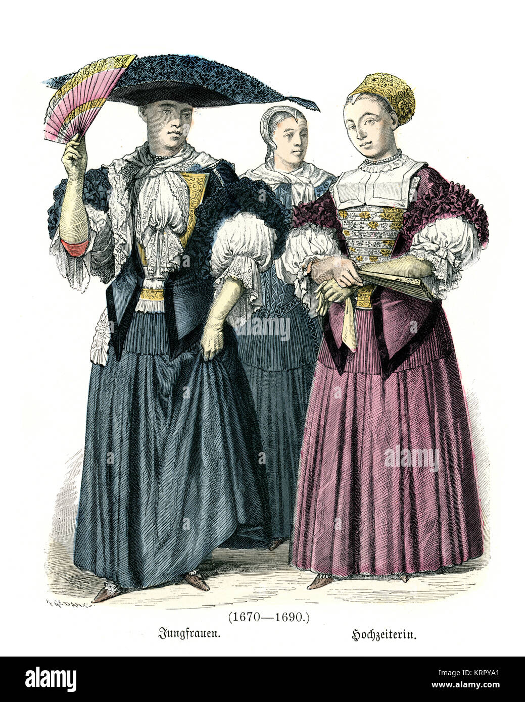 Vintage engraving of womens Fashions of 17th Century Strasbourg. Young woman and bridesmaid Stock Photo