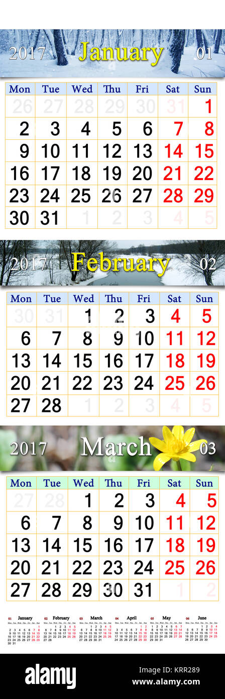 Calendar for January February and March 2017 with pictures Stock Photo -  Alamy
