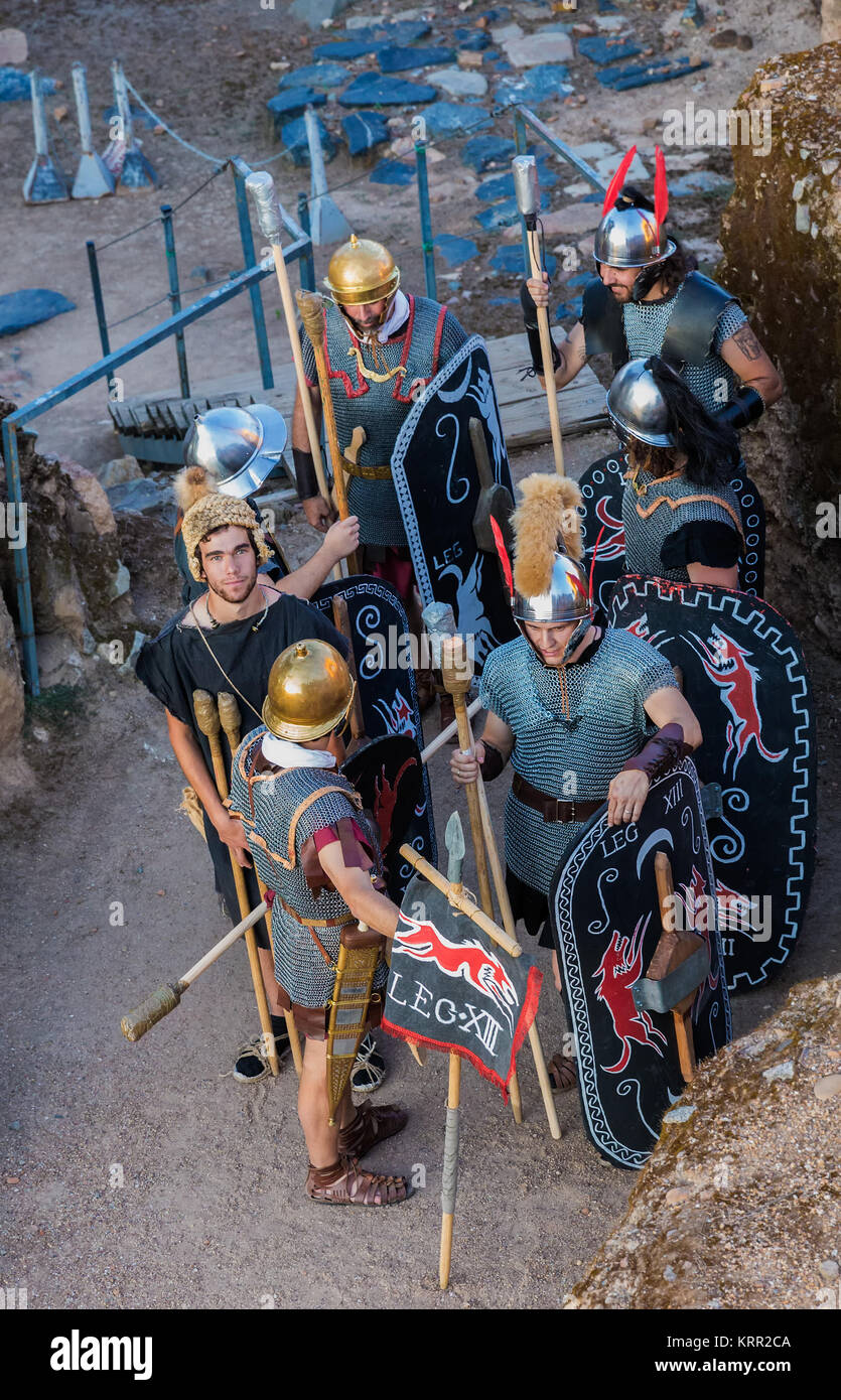 Mérida, Spain - June 19, 2015: People dressed in costumes of Roman legionaries in the first century, involved in historical reenactment. This holiday  Stock Photo