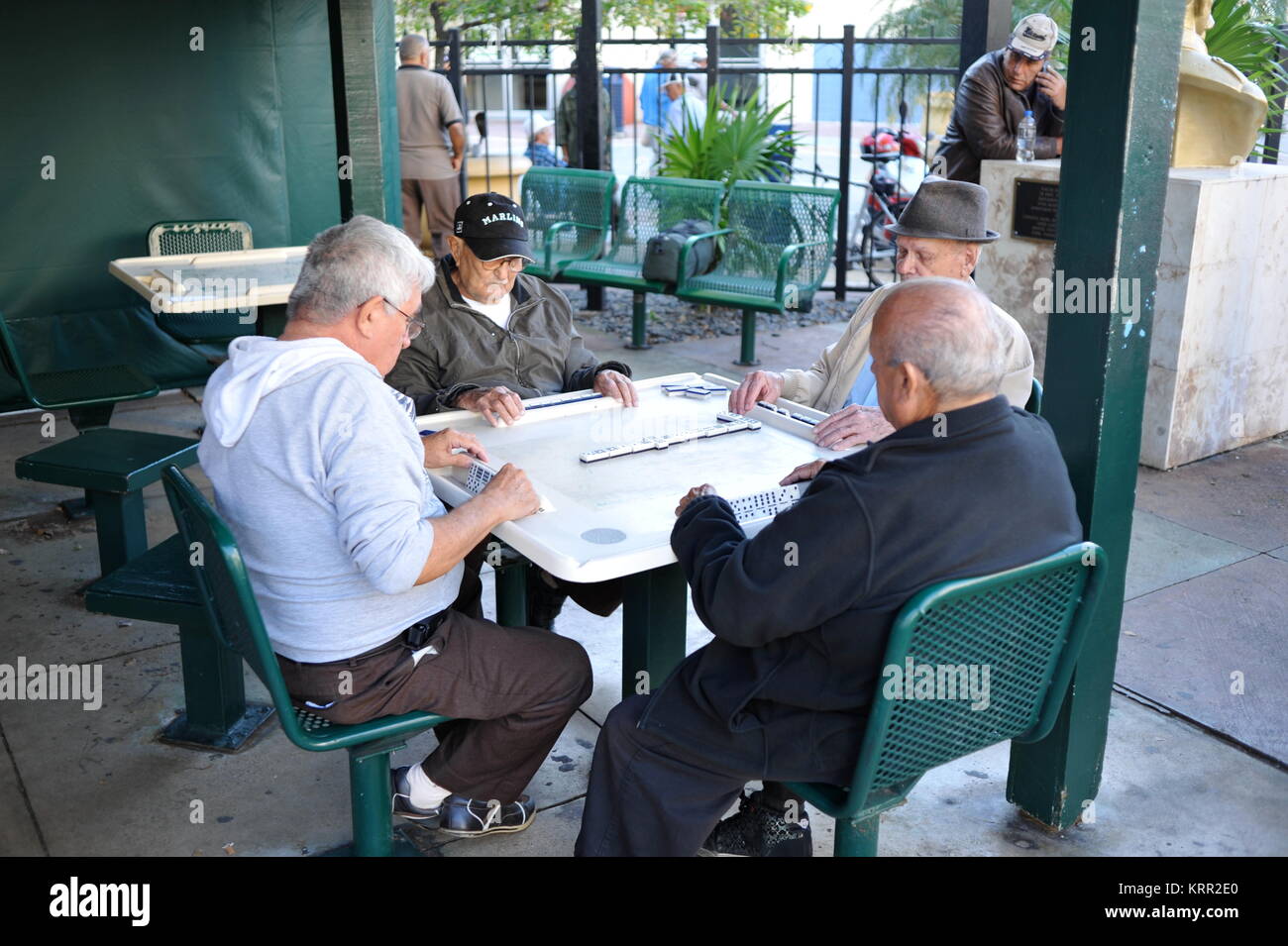 Group Of Elderly Senior Cuban Men Playing Dominoes In The