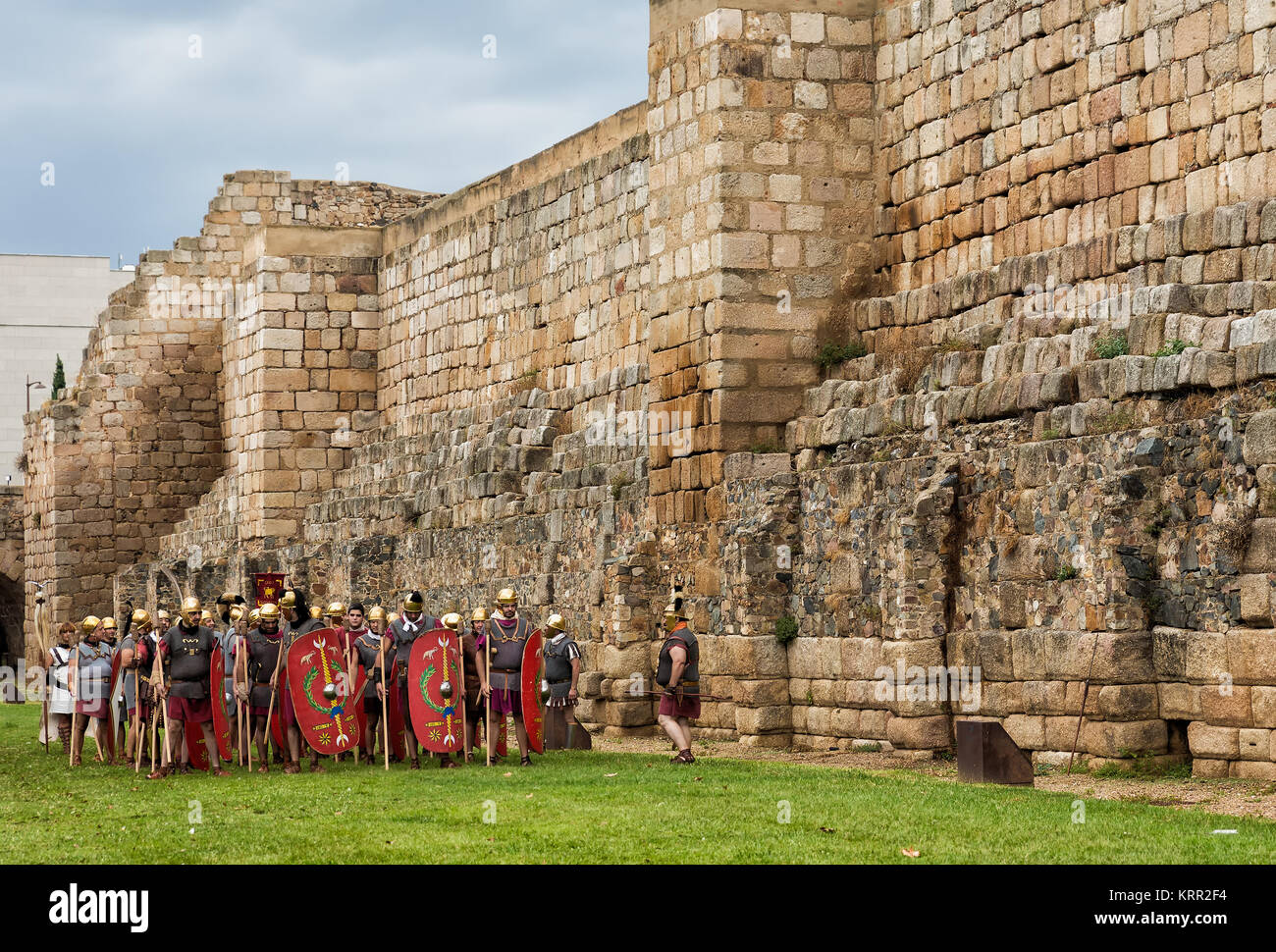Merida, Spain - September 27, 2014: Several people dressed in costumes of Roman legionaries in the first century, involved in historical reenactment.  Stock Photo