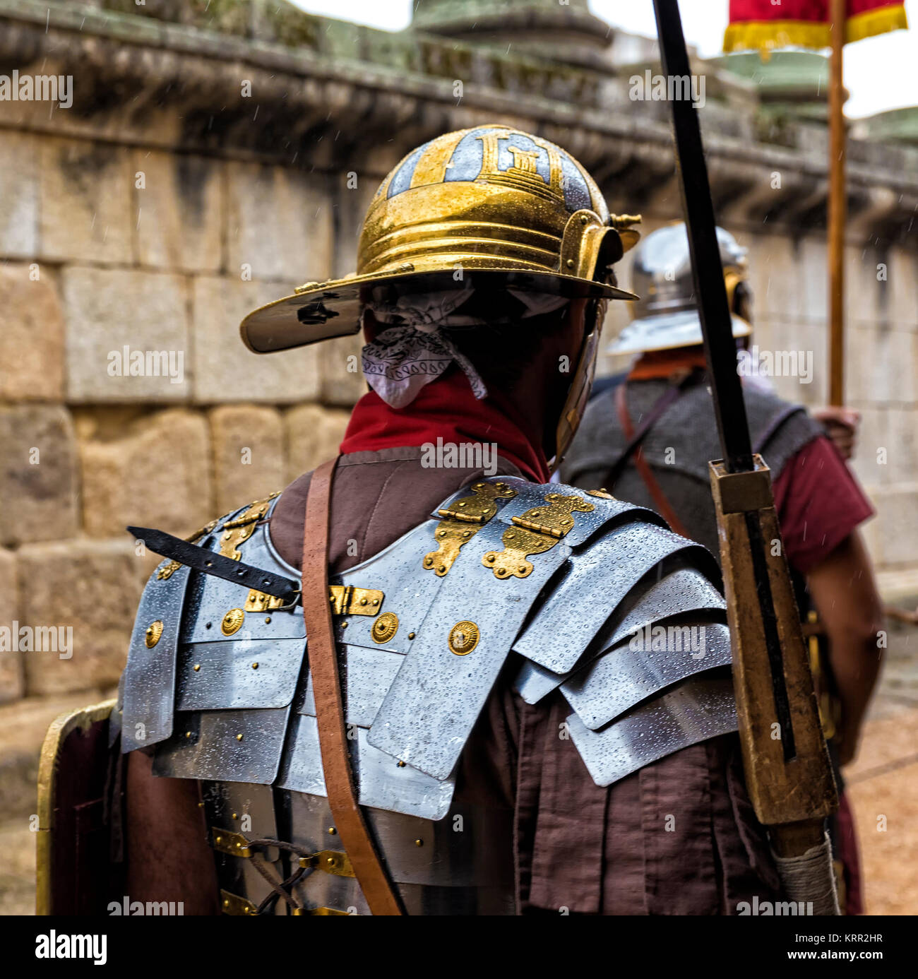 Mérida, Spain - September 27, 2014: People dressed in costumes of Roman legionaries in the first century, involved in historical reenactment. This hol Stock Photo