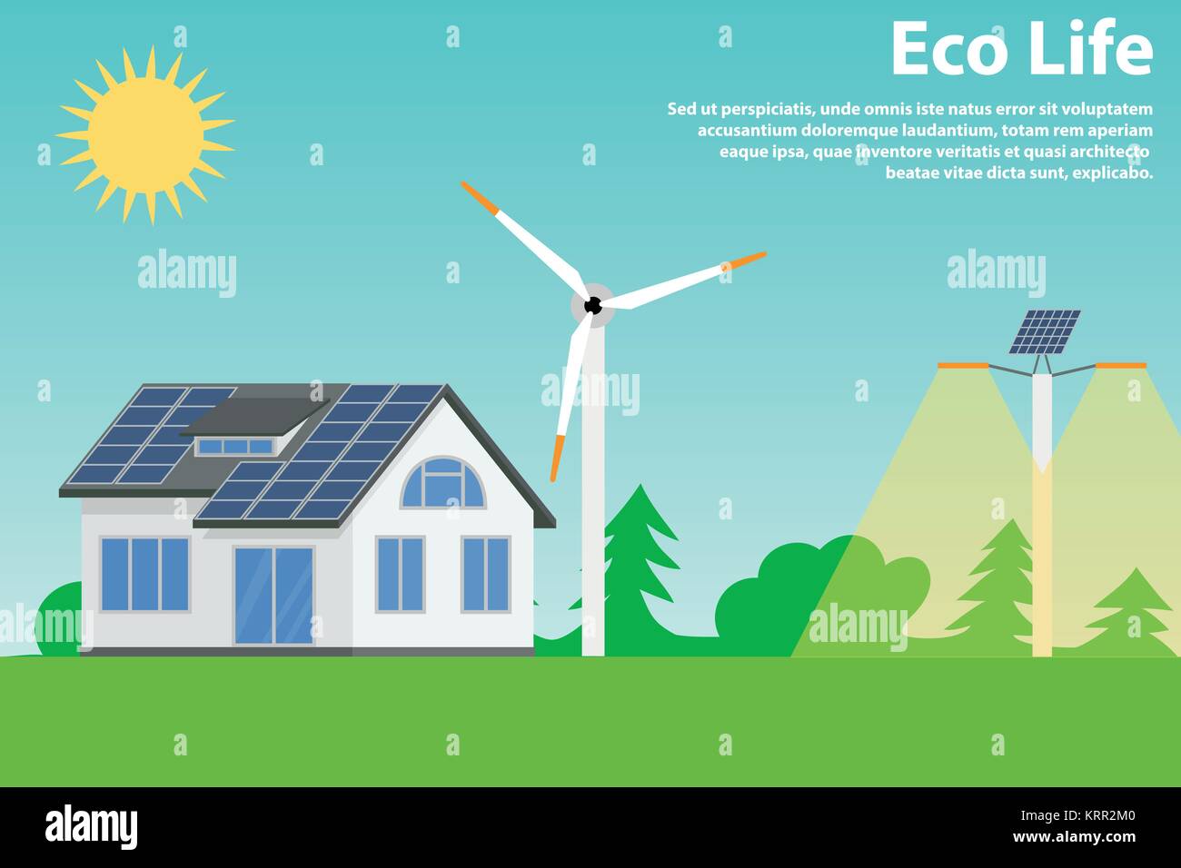 Preserving the environment and using renewable energy sources - solar and wind. Eco house and street lighting. Stock Vector