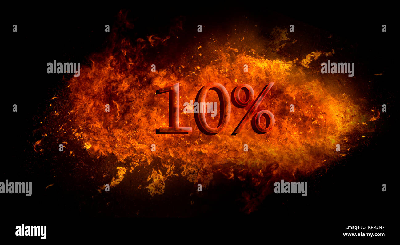 Red 10 percent % on fire flame explosion, black background Stock Photo