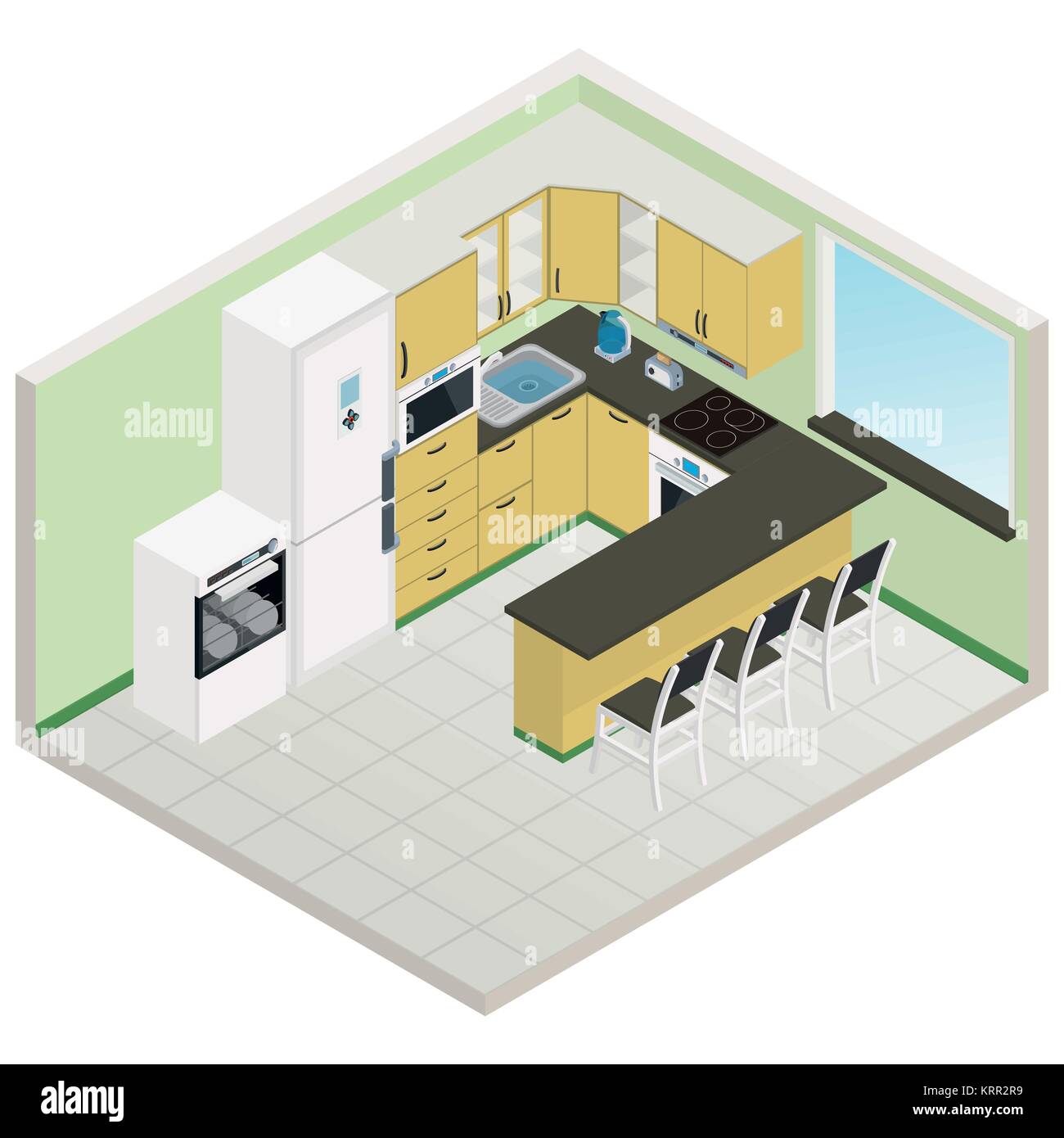 Vector isometric kitchen yellow-green color interior - 3D illustration Stock Vector