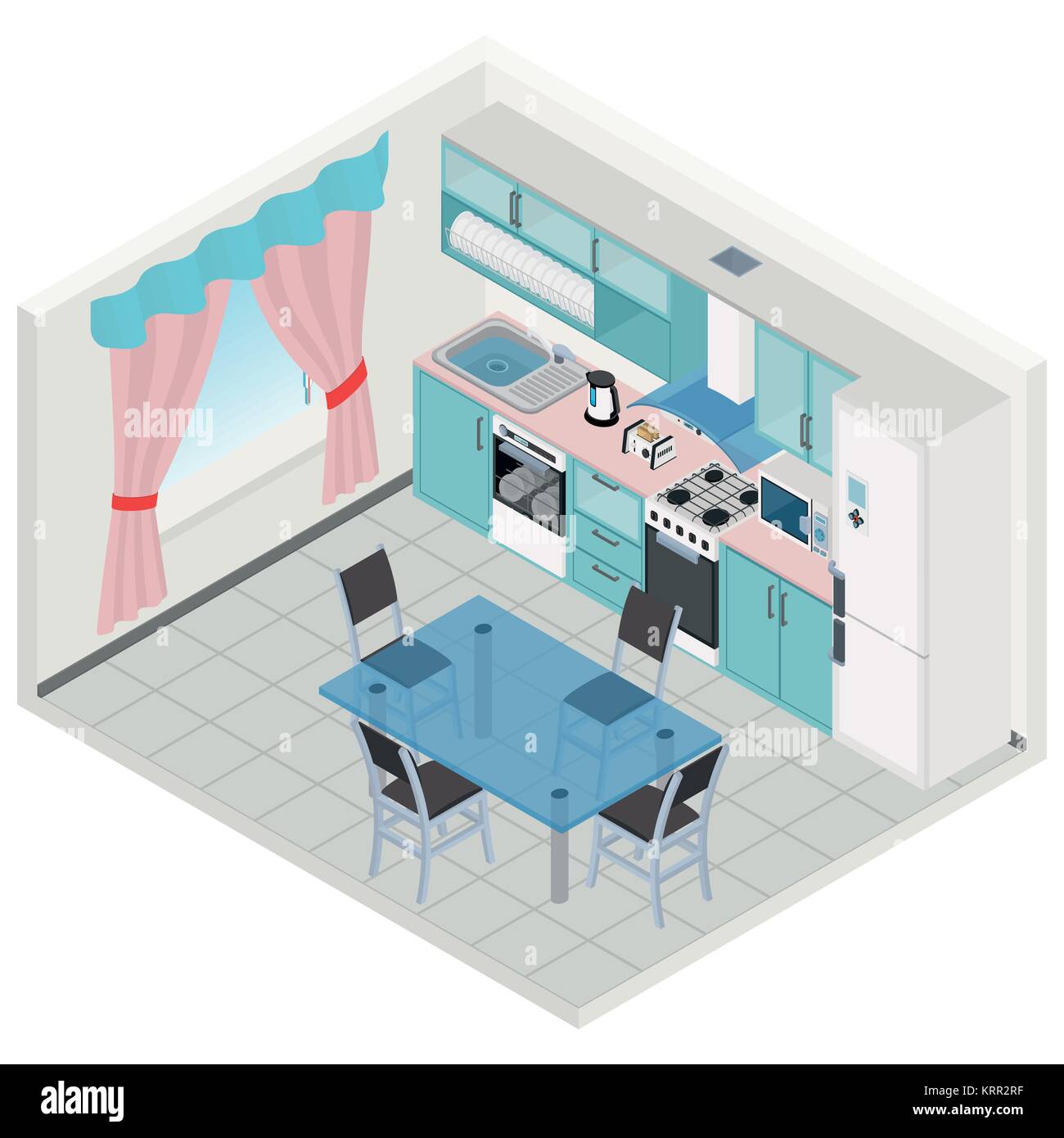 Vector isometric kitchen turquoise color interior - 3D illustration ...