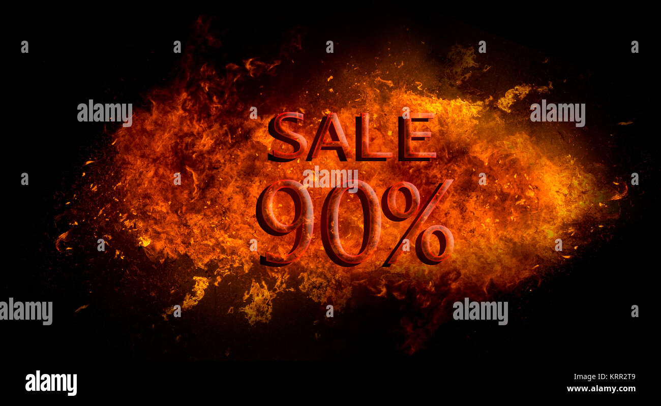 Red Sale 90%  on fire flame explosion, black background Stock Photo