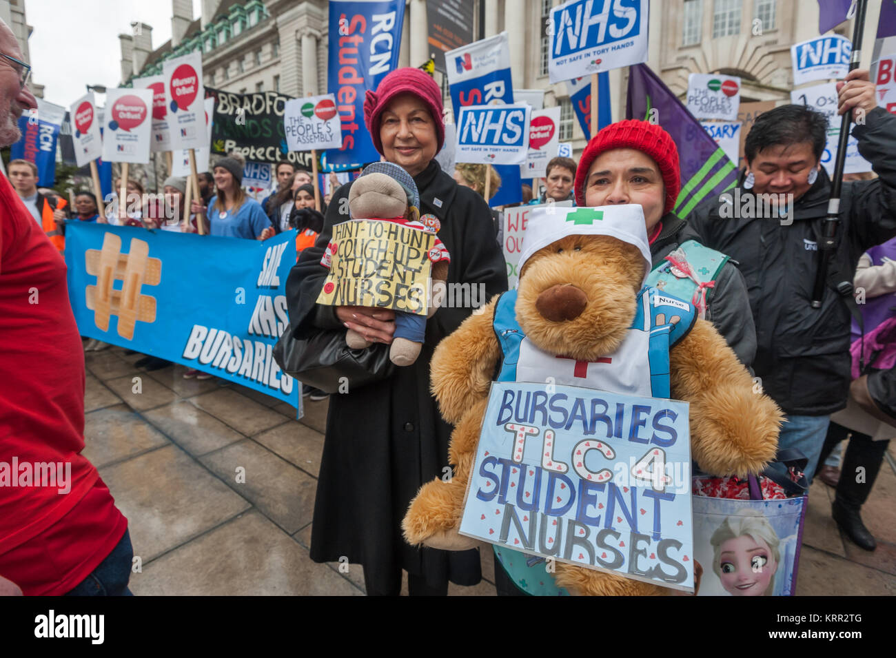 NHS campaigners with teddy bears at the front of the march as it lines up in London to save NHS Student Bursaries. Stock Photo