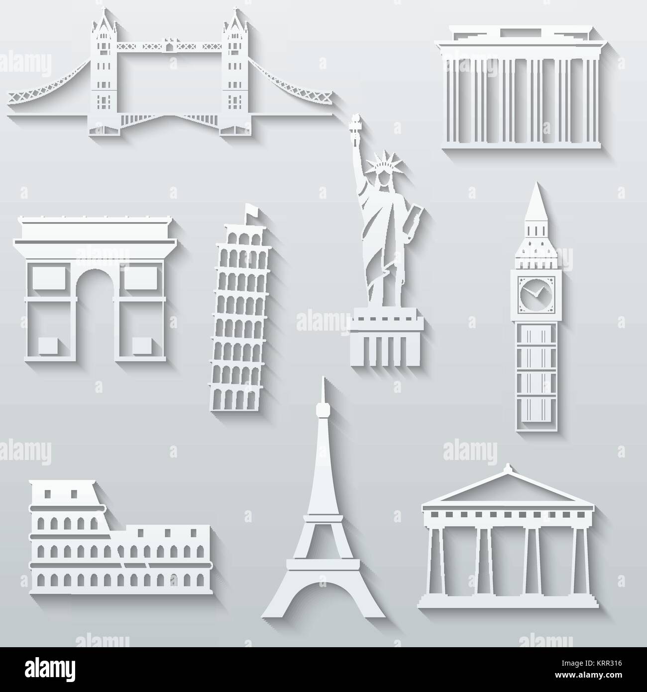 World landmarks, abstract flat paper icons set - Big Ben, Tower Bridge, The Statue of Liberty, Leaning Tower, Eiffel, Colosseum, Parthenon, Brandenbur Stock Vector