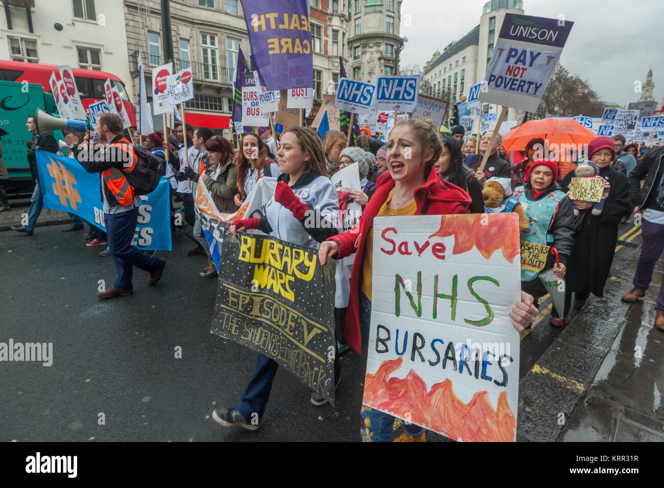 The front of the march to save NHS Student Bursaries goes down the Strand on its way to a rally in Trafalgar Square. Stock Photo