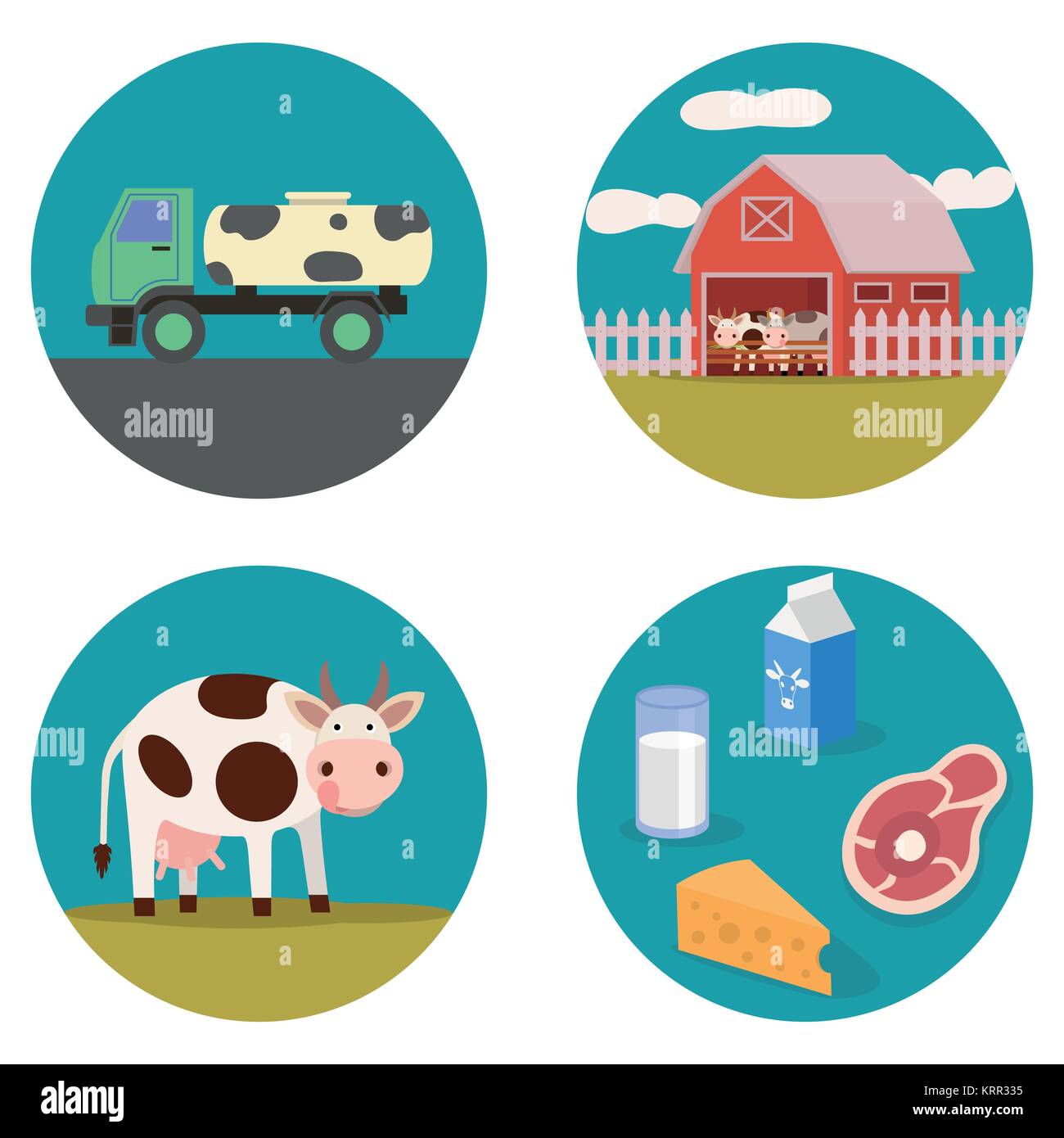 Dairy products flat illustration with cow, milk wagon, yogurt, and milk dairy products Stock Vector
