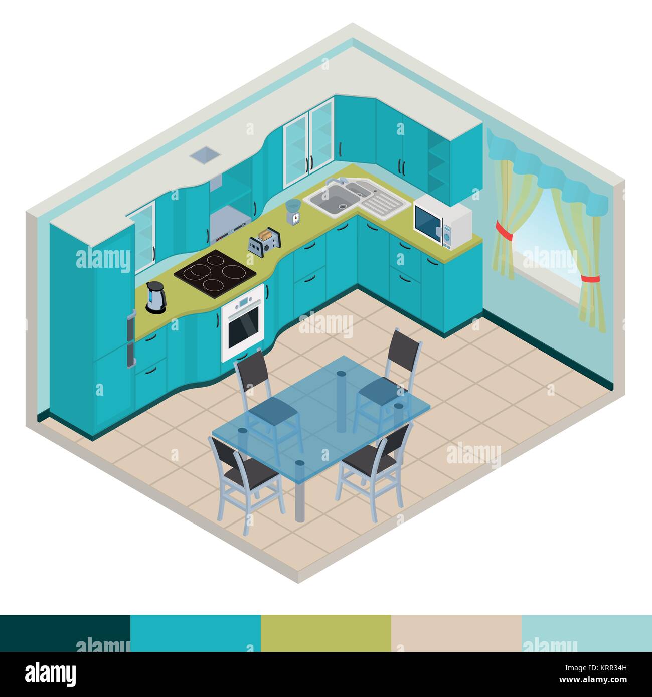 Vector isometric kitchen yellow color interior - 3D illustration Stock Vector